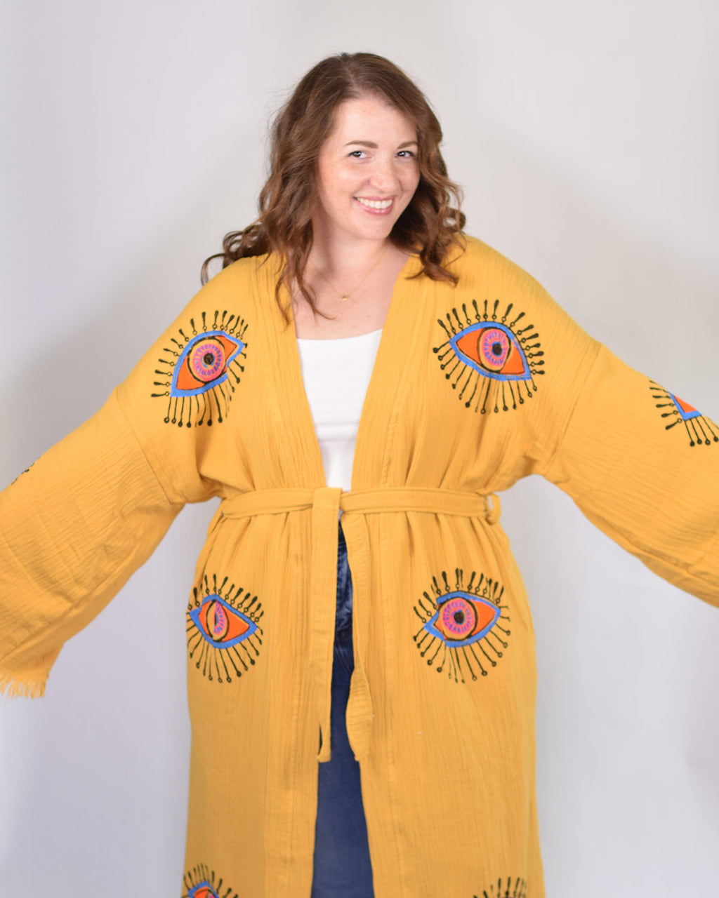 Luxury Turkish Cotton Evil Eye Kimono/Robe One Size + Extended Size - Yellow Ochre