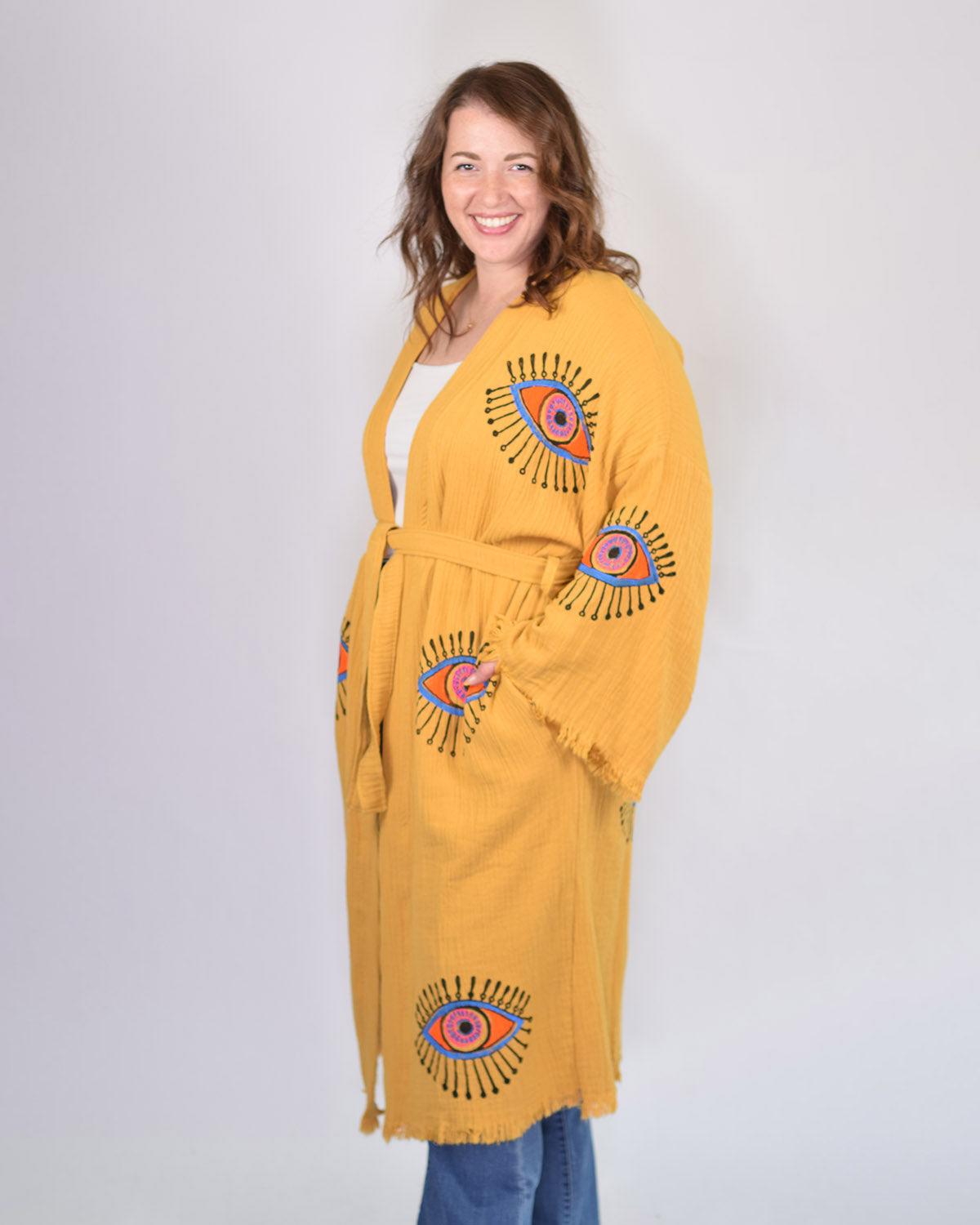 Luxury Turkish Cotton Evil Eye Kimono/Robe One Size + Extended Size - Yellow Ochre