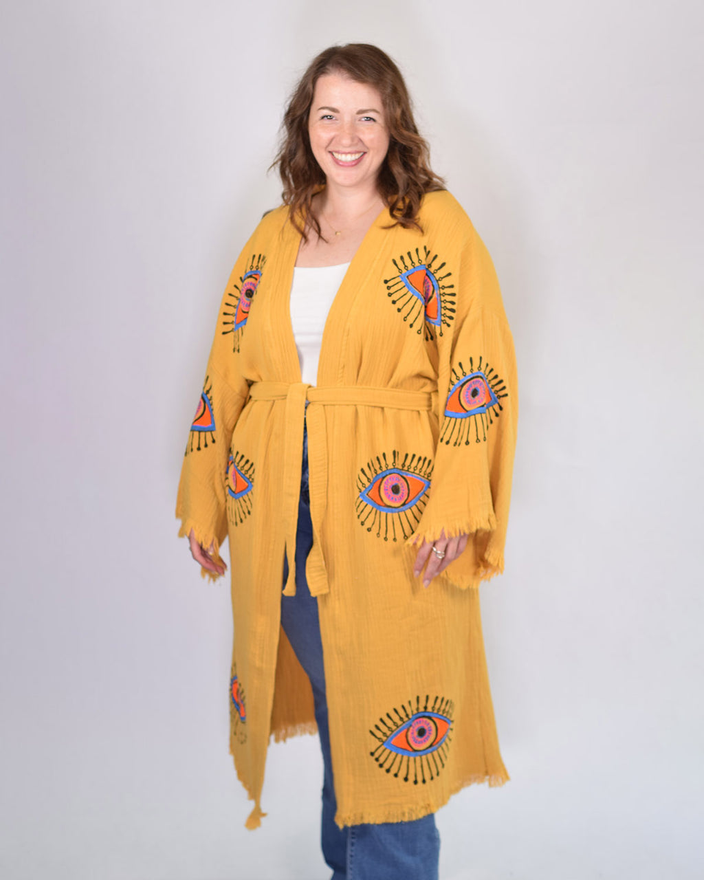 Luxury Turkish Cotton Evil Eye Kimono/Robe One Size + Extended Size - Yellow Ochre