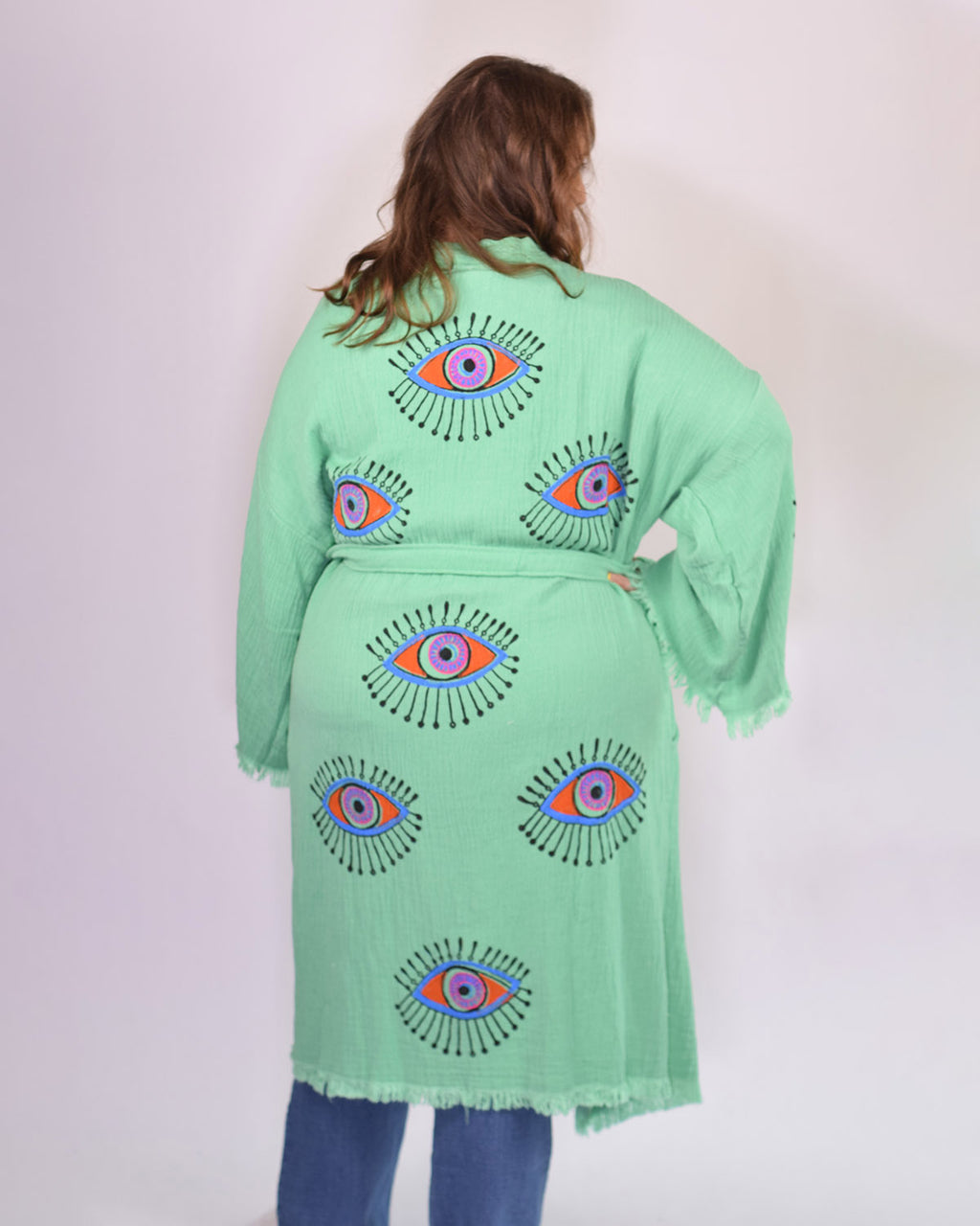 Luxury Turkish Cotton Evil Eye Kimono/Robe One Size + Extended Size - Soft Jade
