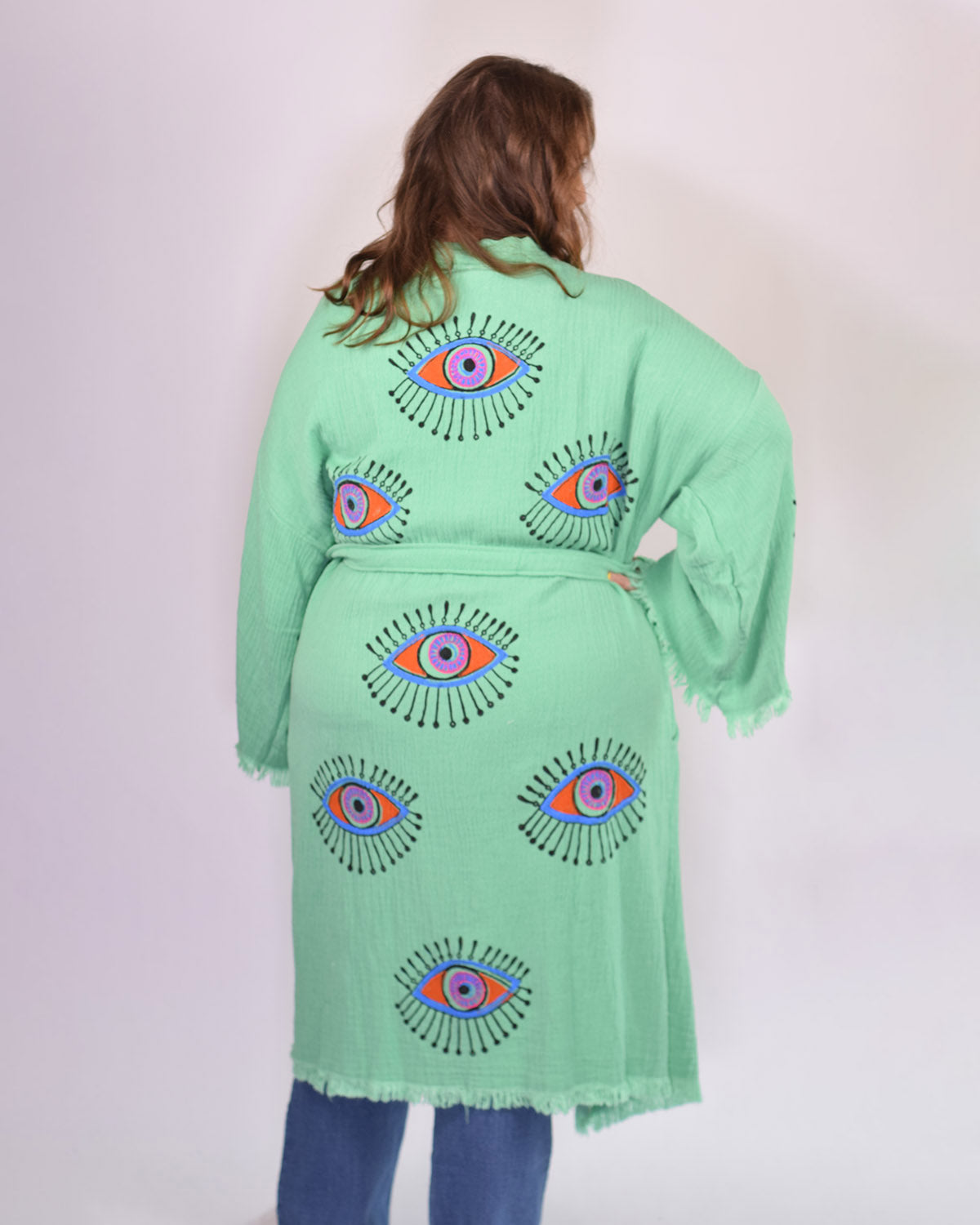 Luxury Turkish Cotton Evil Eye Kimono/Robe One Size + Extended Size - Soft Jade