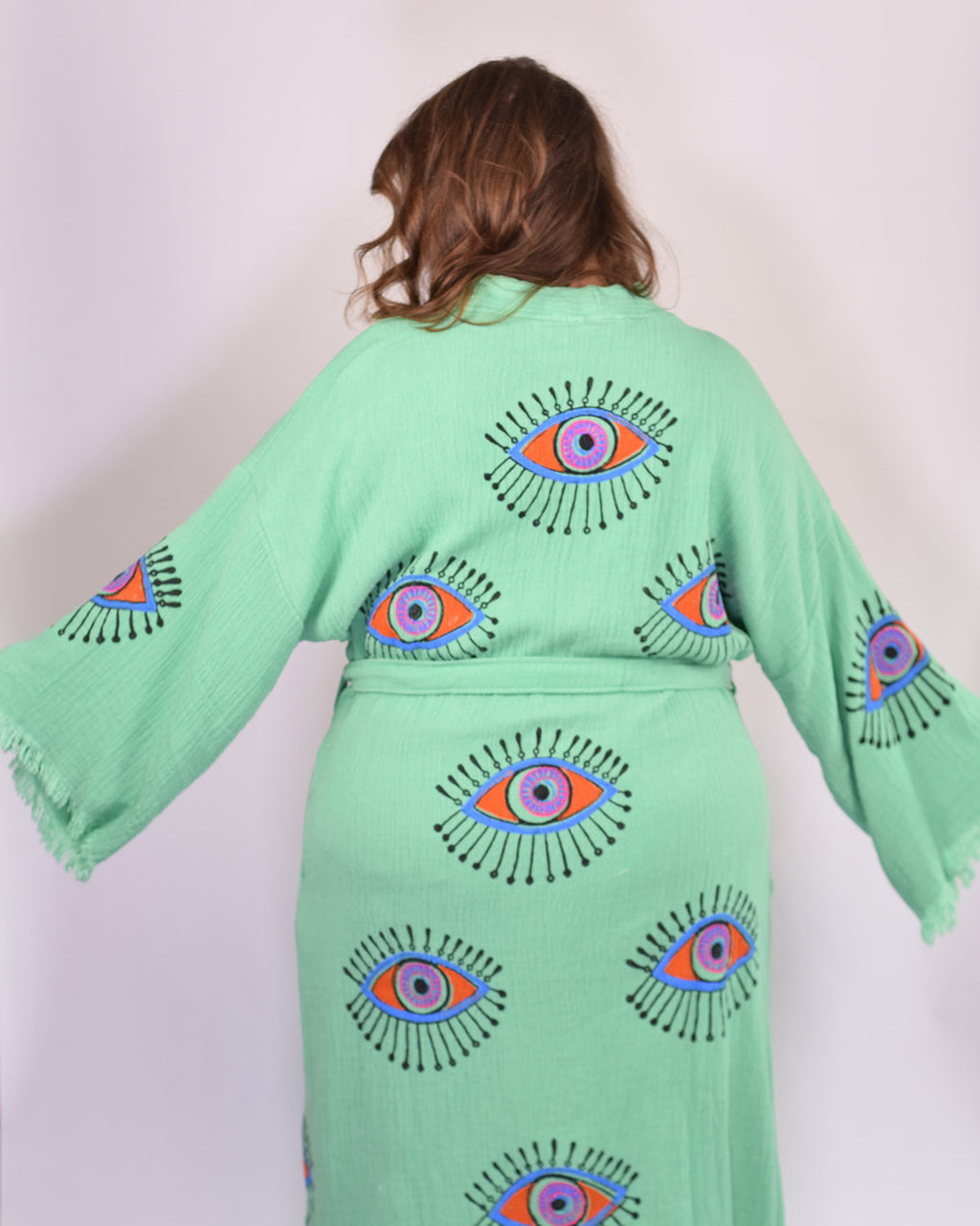 Luxury Turkish Cotton Evil Eye Kimono/Robe One Size + Extended Size - Soft Jade