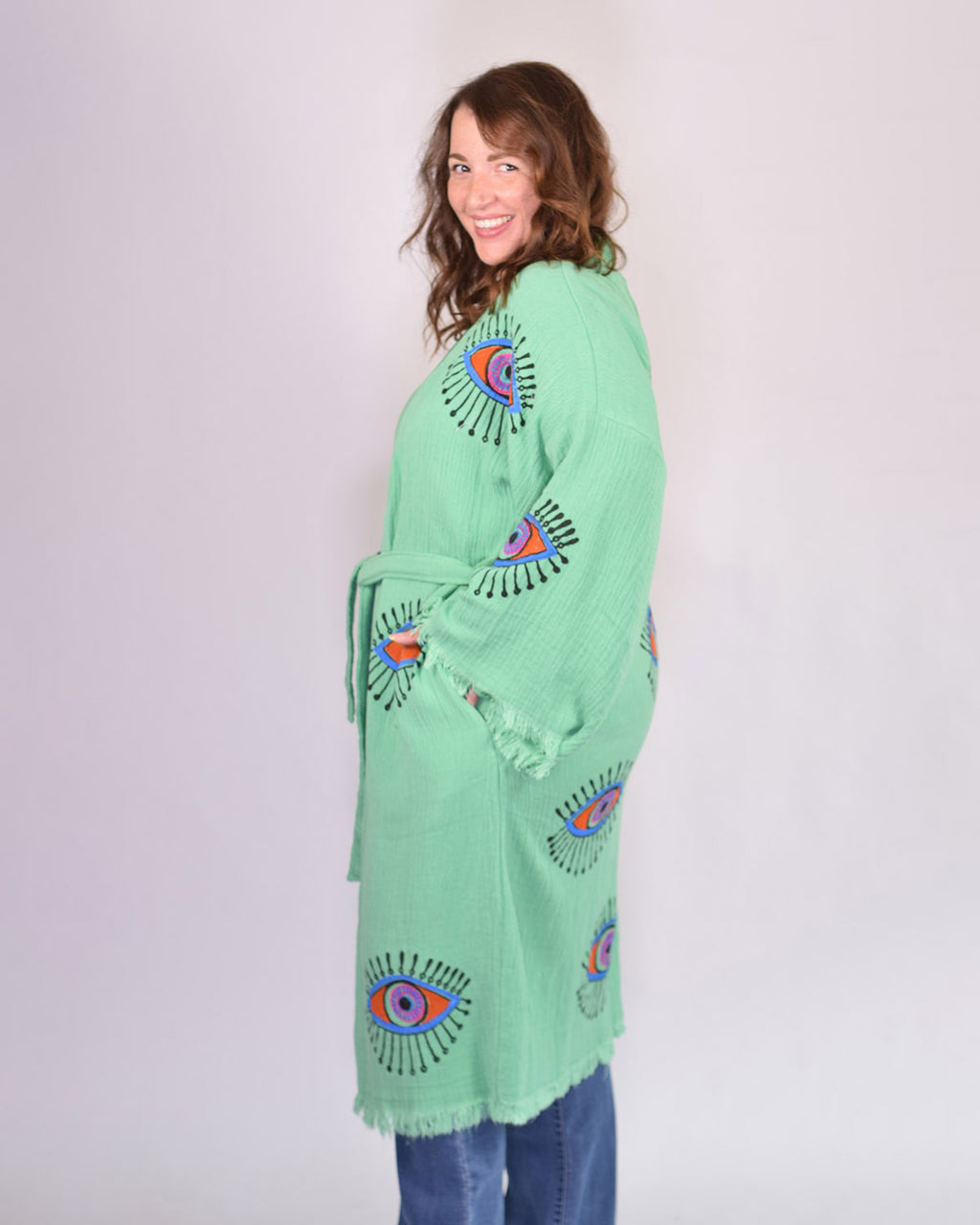 Luxury Turkish Cotton Evil Eye Kimono/Robe One Size + Extended Size - Soft Jade