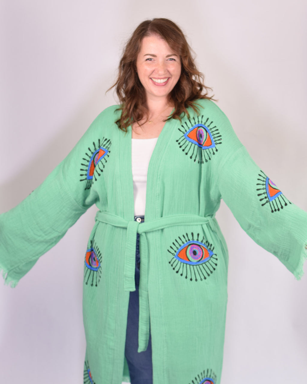 Luxury Turkish Cotton Evil Eye Kimono/Robe One Size + Extended Size - Soft Jade