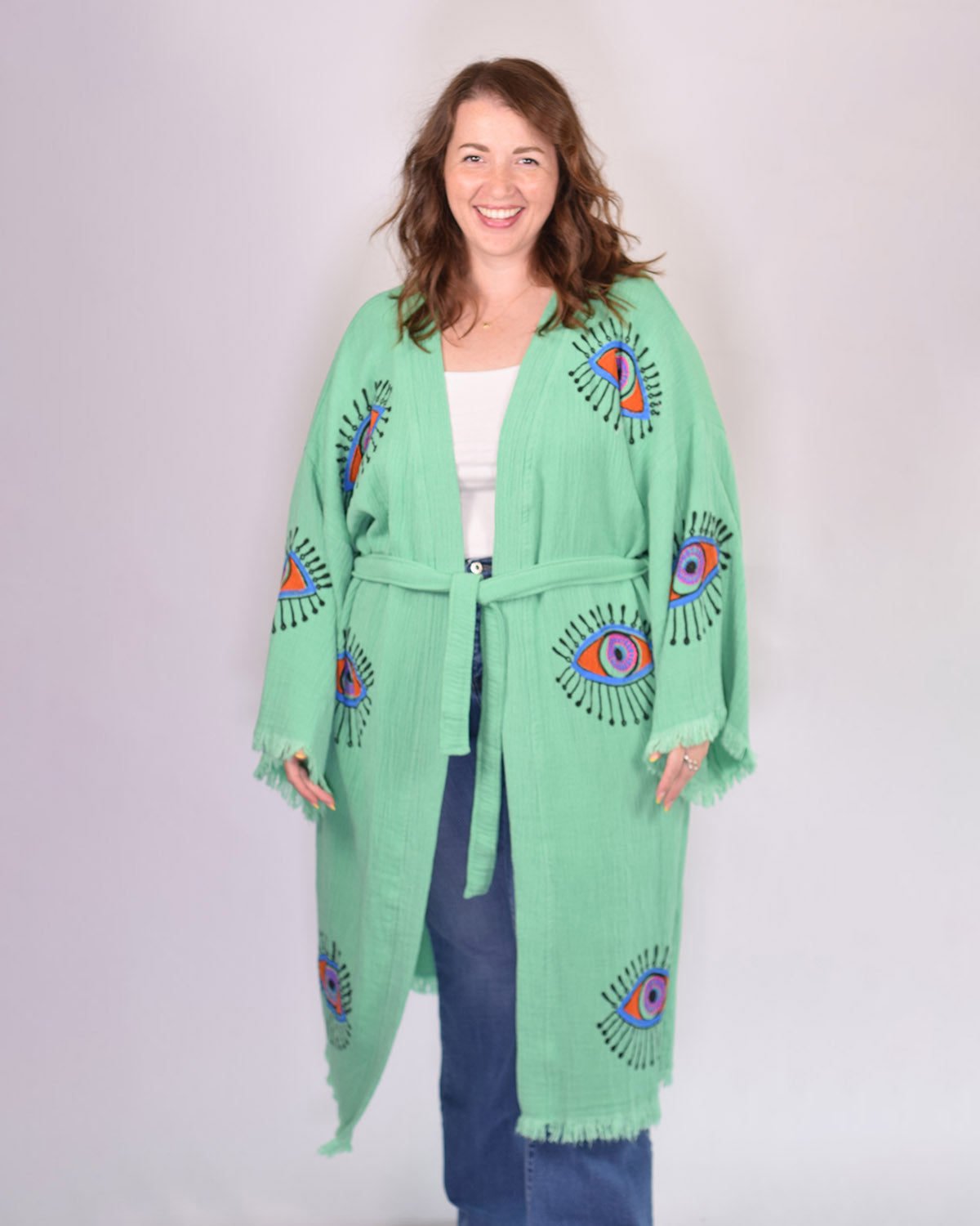 Luxury Turkish Cotton Evil Eye Kimono/Robe One Size + Extended Size - Soft Jade