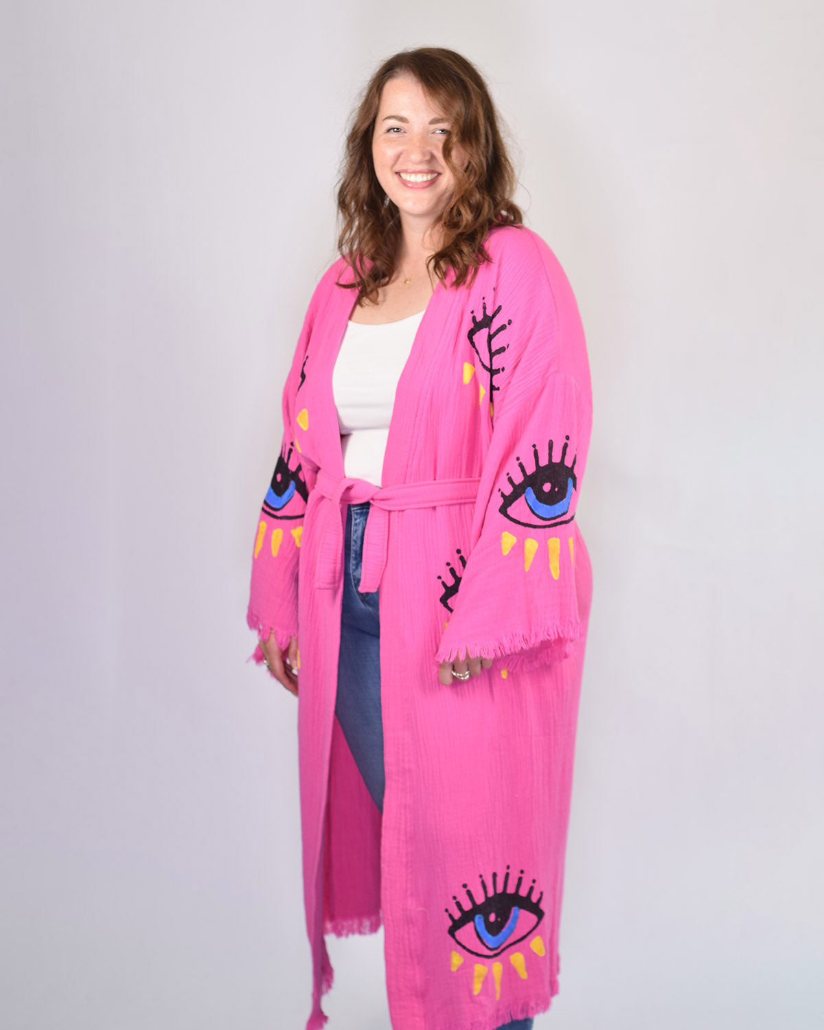 Luxury Turkish Cotton Evil Eye Kimono/Robe One Size + Extended Size - Pink Dahlia