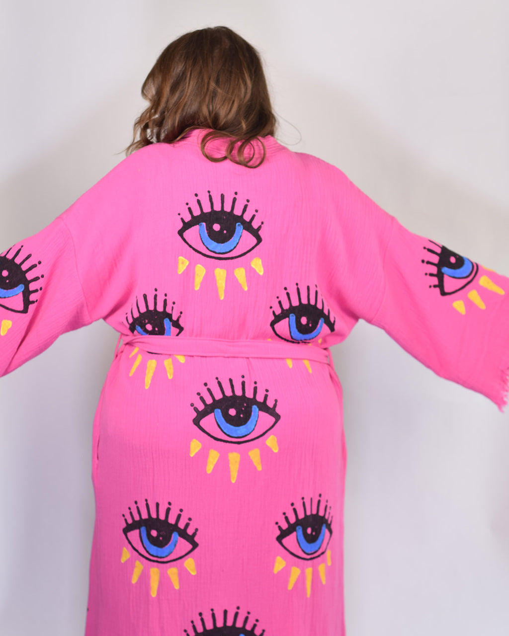 Luxury Turkish Cotton Evil Eye Kimono/Robe One Size + Extended Size - Pink Dahlia