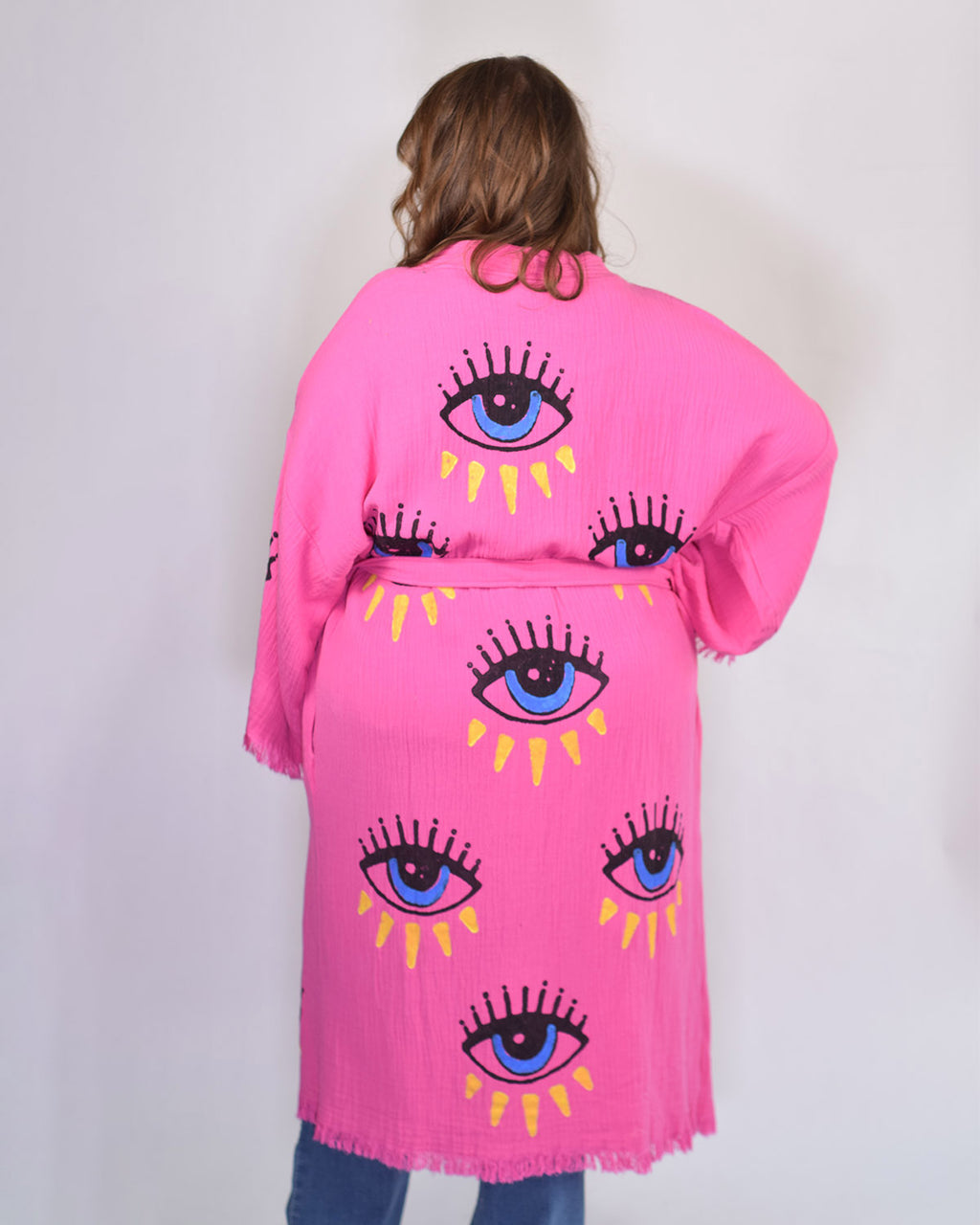 Luxury Turkish Cotton Evil Eye Kimono/Robe One Size + Extended Size - Pink Dahlia