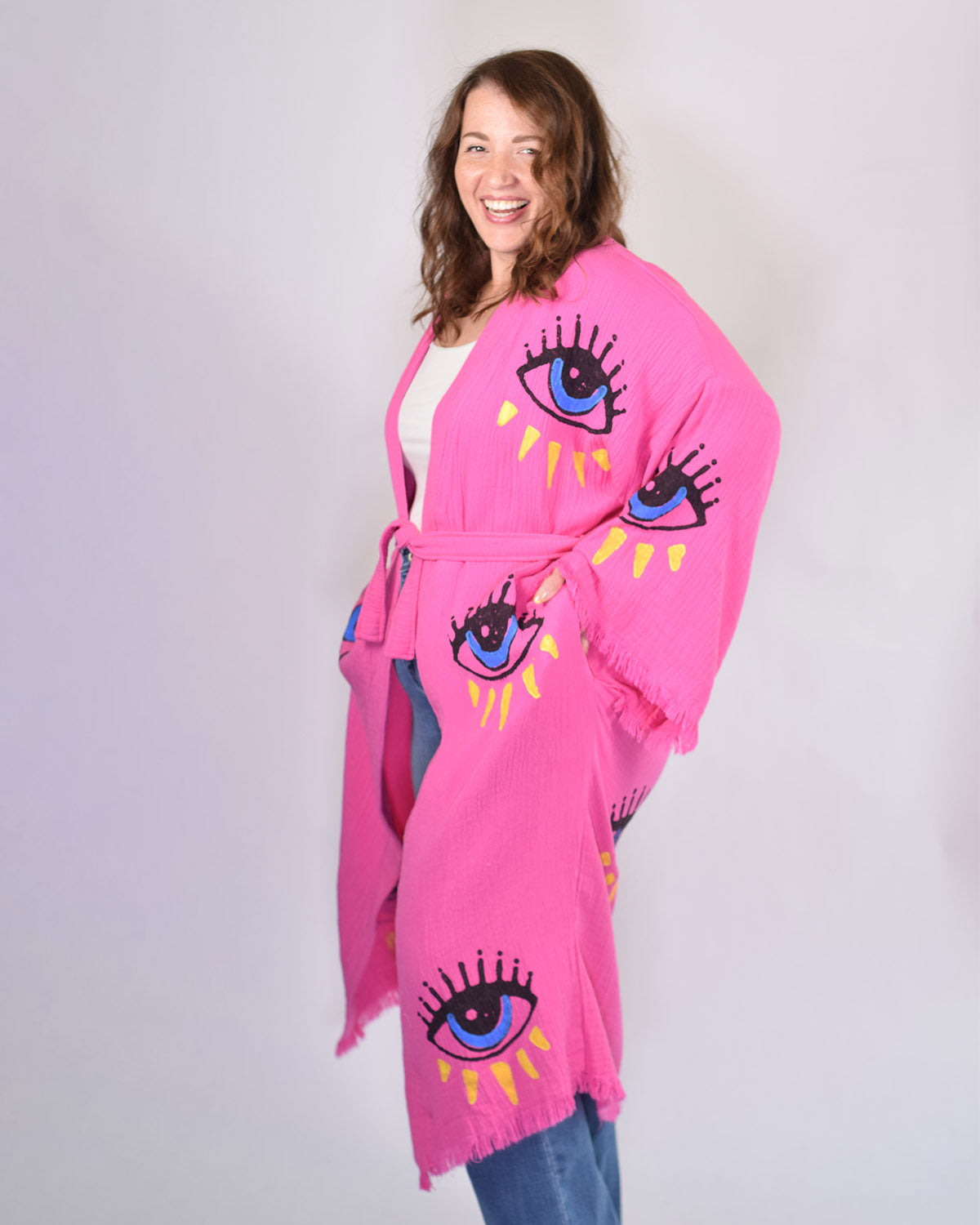 Luxury Turkish Cotton Evil Eye Kimono/Robe One Size + Extended Size - Pink Dahlia