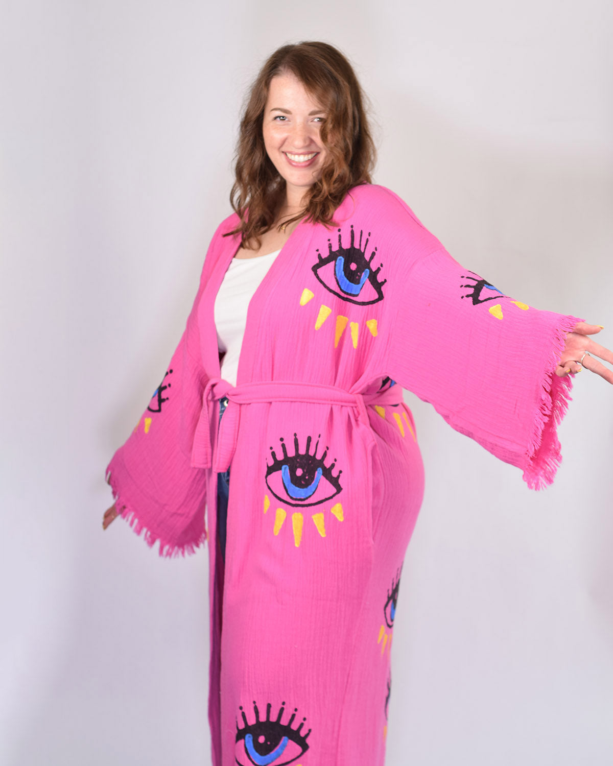 Luxury Turkish Cotton Evil Eye Kimono/Robe One Size + Extended Size - Pink Dahlia
