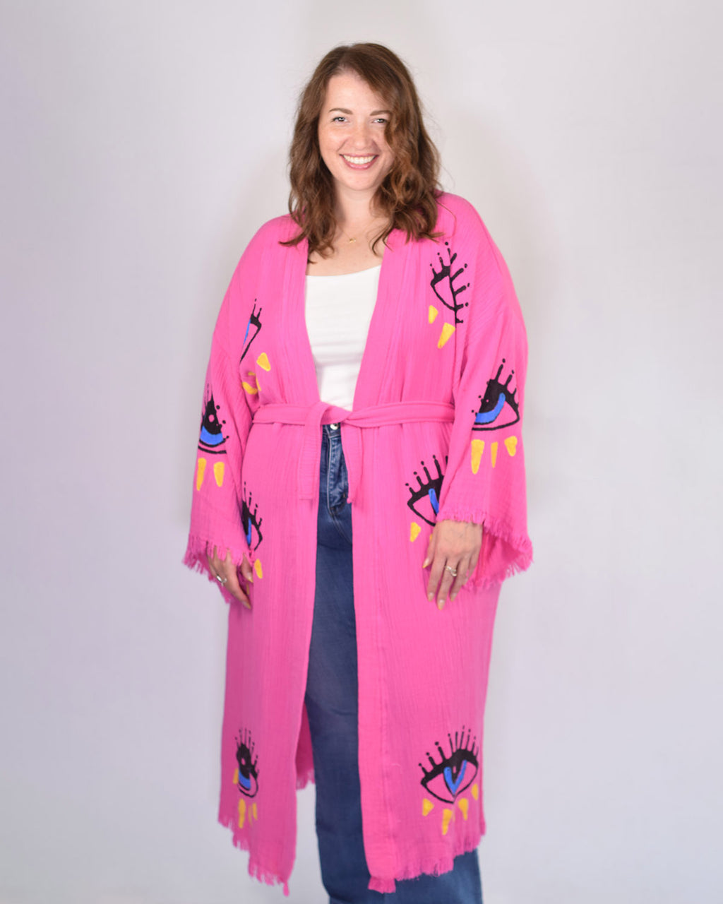 Luxury Turkish Cotton Evil Eye Kimono/Robe One Size + Extended Size - Pink Dahlia
