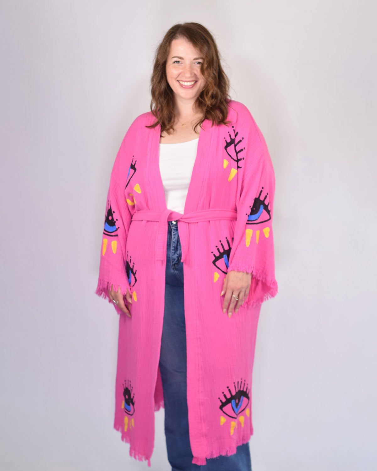 Luxury Turkish Cotton Evil Eye Kimono/Robe One Size + Extended Size - Pink Dahlia