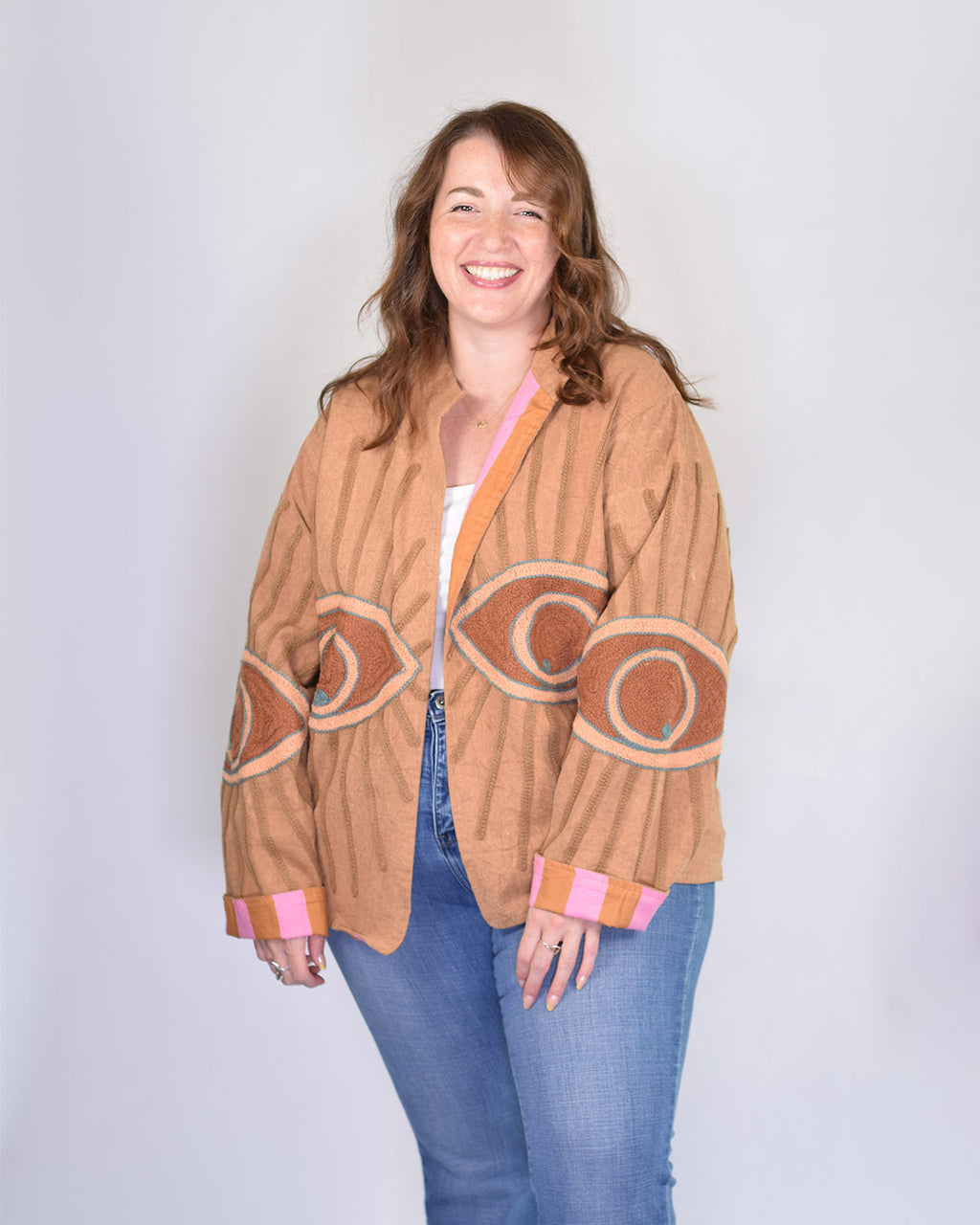 XL - Extended Sized - Evil Eye Suzani Embroidered Canvas Jacket/Cardigan -07
