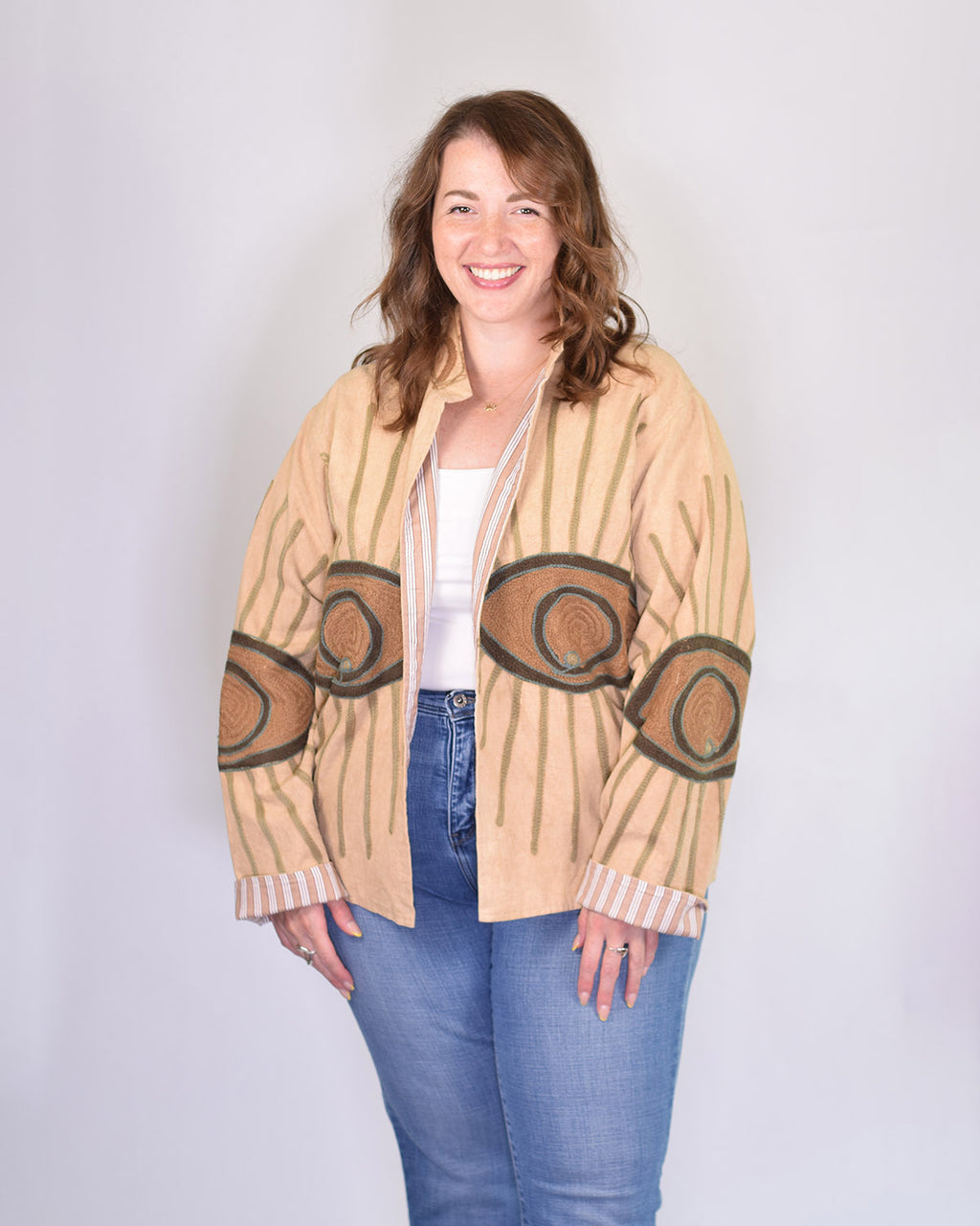 XL - Extended Sized - Evil Eye Suzani Embroidered Canvas Jacket/Cardigan -06
