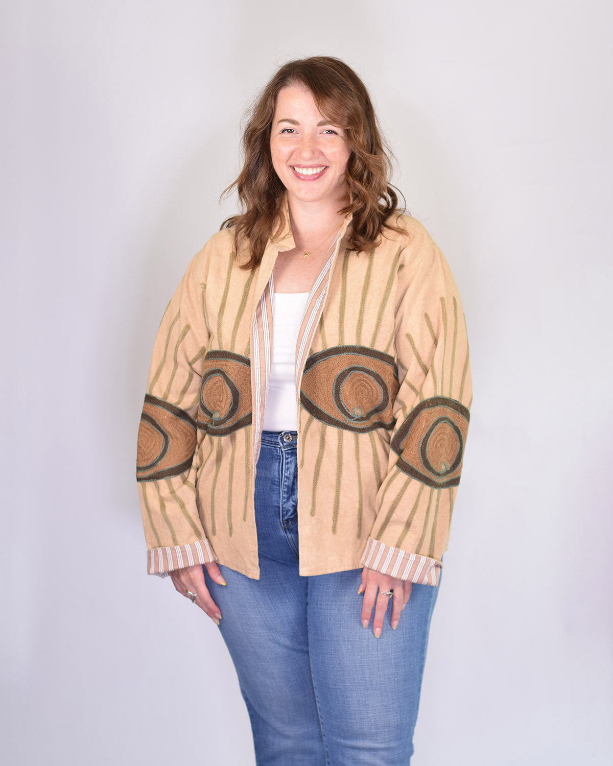 XL - Extended Sized - Evil Eye Suzani Embroidered Canvas Jacket/Cardigan -06