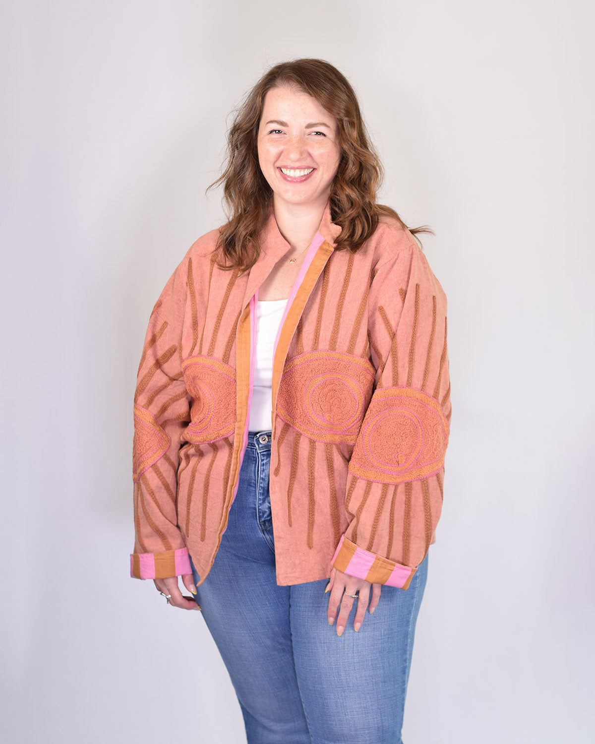 XL - Extended Sized - Evil Eye Suzani Embroidered Canvas Jacket/Cardigan -05