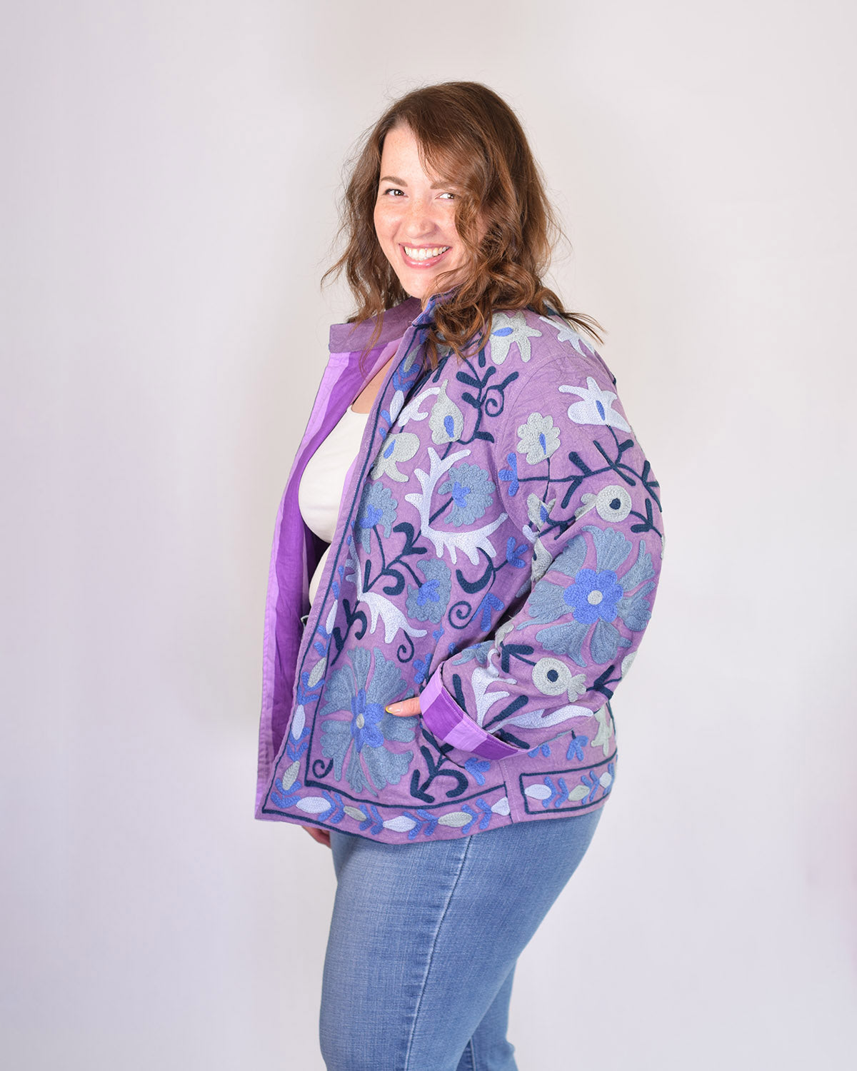 XL - Extended Sized - Suzani Embroidered Canvas Jacket/Cardigan - 11