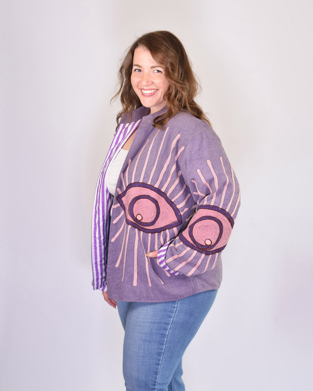 XL - Extended Sized - Evil Eye Suzani Embroidered Canvas Jacket/Cardigan -03