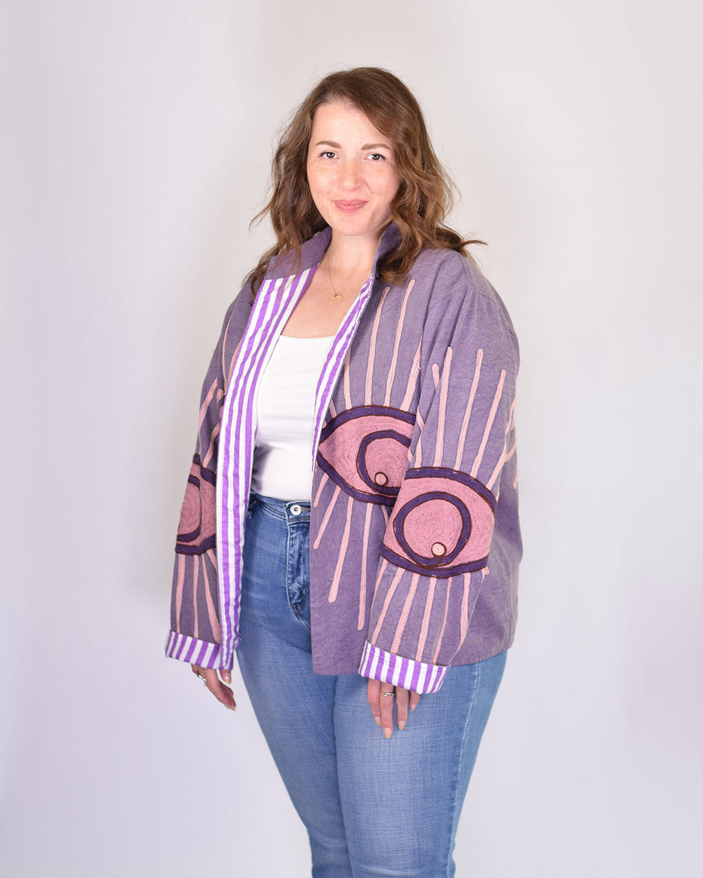 XL - Extended Sized - Evil Eye Suzani Embroidered Canvas Jacket/Cardigan -03