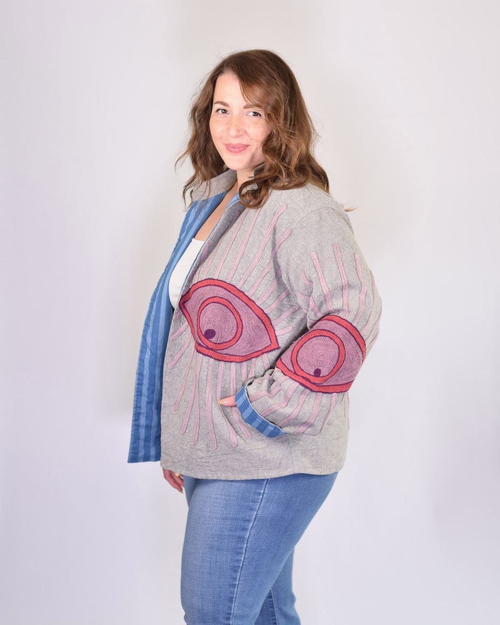 XL - Extended Sized - Evil Eye Suzani Embroidered Canvas Jacket/Cardigan -02