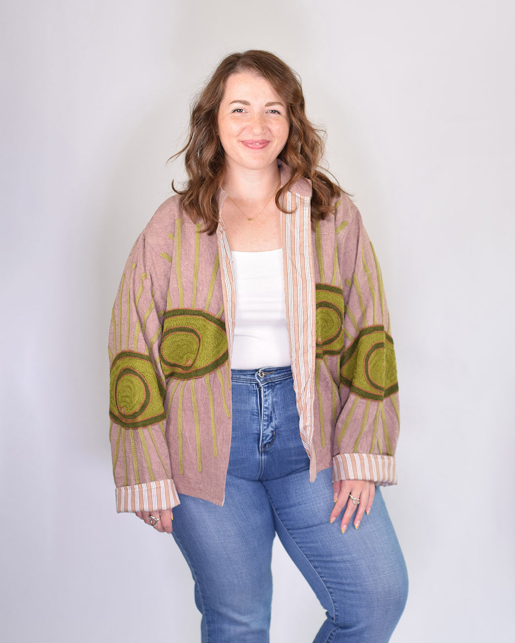 XL - Extended Sized - Evil Eye Suzani Embroidered Canvas Jacket/Cardigan -01