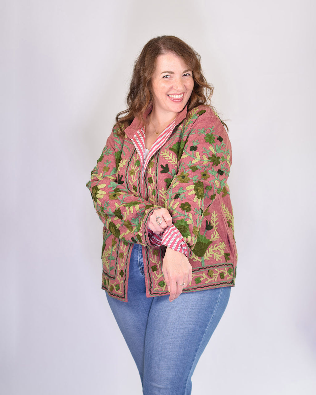 XL - Extended Sized - Suzani Embroidered Canvas Jacket/Cardigan -07