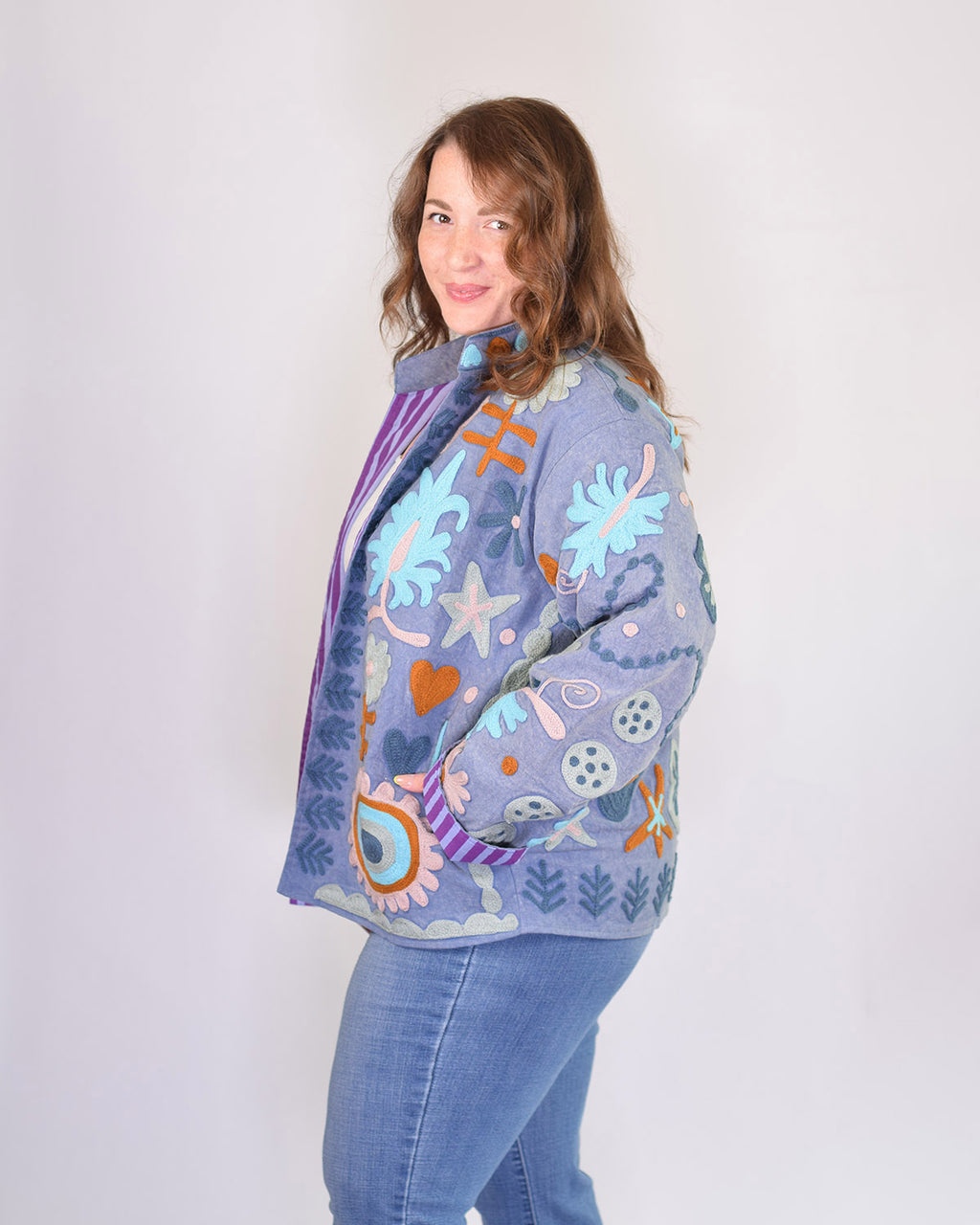 XL - Extended Sized - Suzani Embroidered Canvas Jacket/Cardigan -05