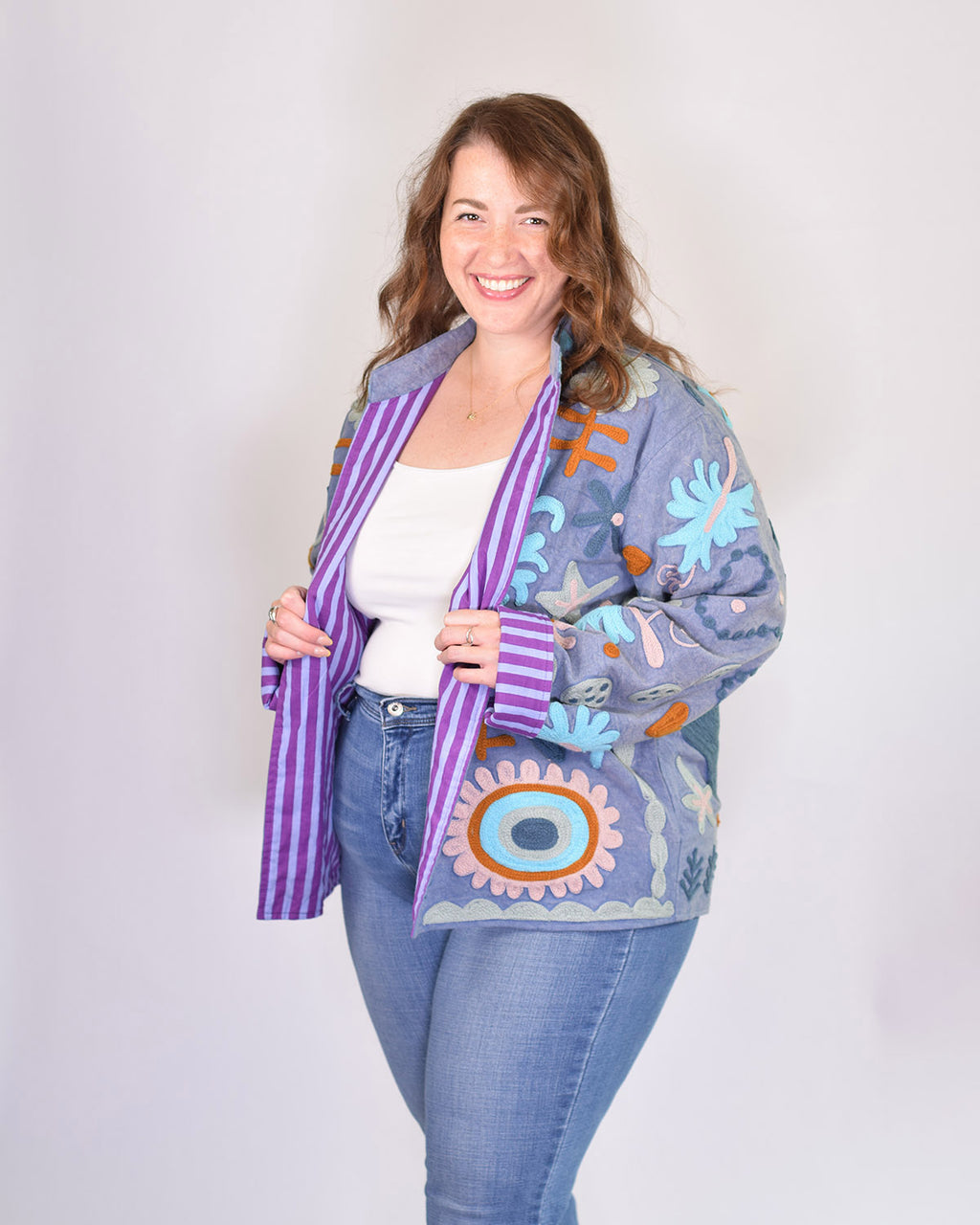 XL - Extended Sized - Suzani Embroidered Canvas Jacket/Cardigan -05