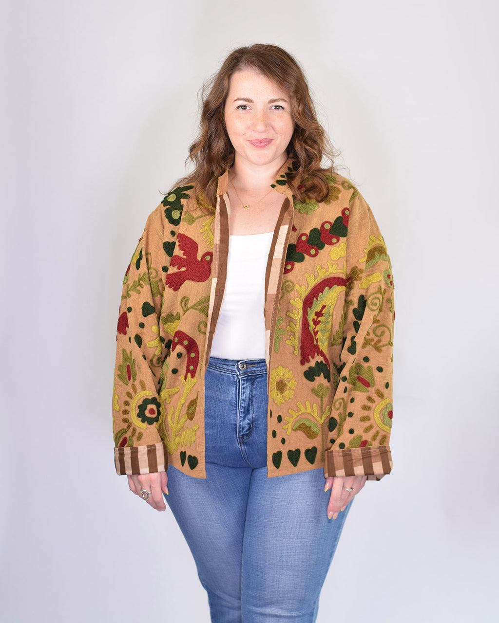 XL - Extended Sized - Suzani Embroidered Canvas Jacket/Cardigan -06