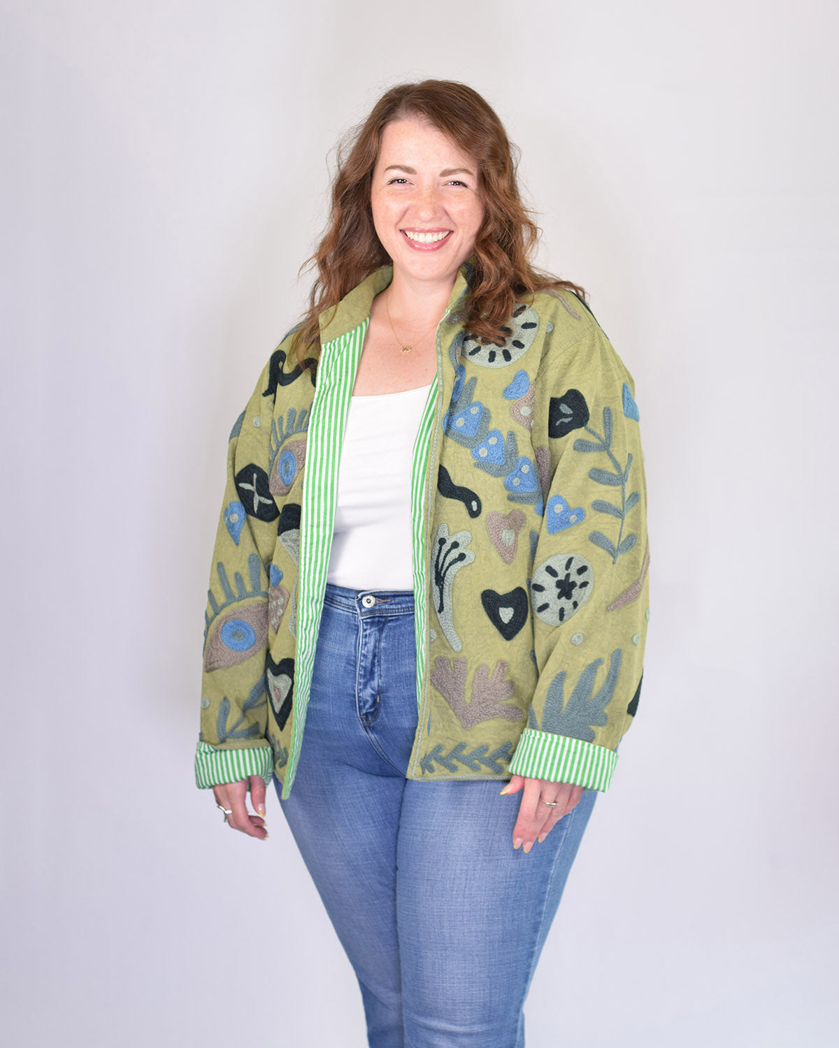 XL - Extended Sized - Suzani Embroidered Canvas Jacket/Cardigan -04