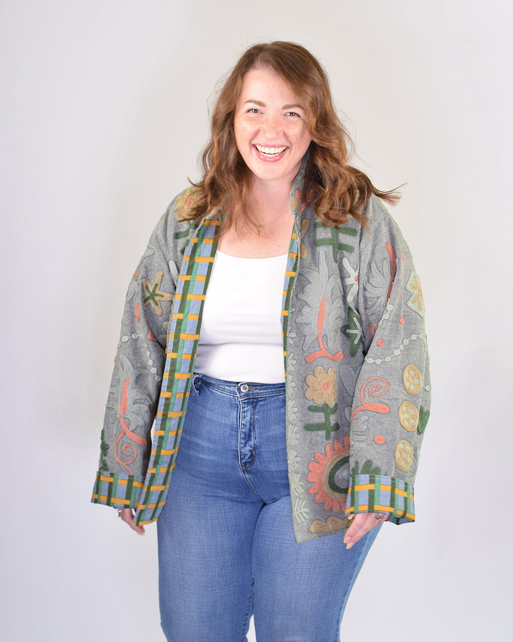 XL - Extended Sized - Suzani Embroidered Canvas Jacket/Cardigan -03