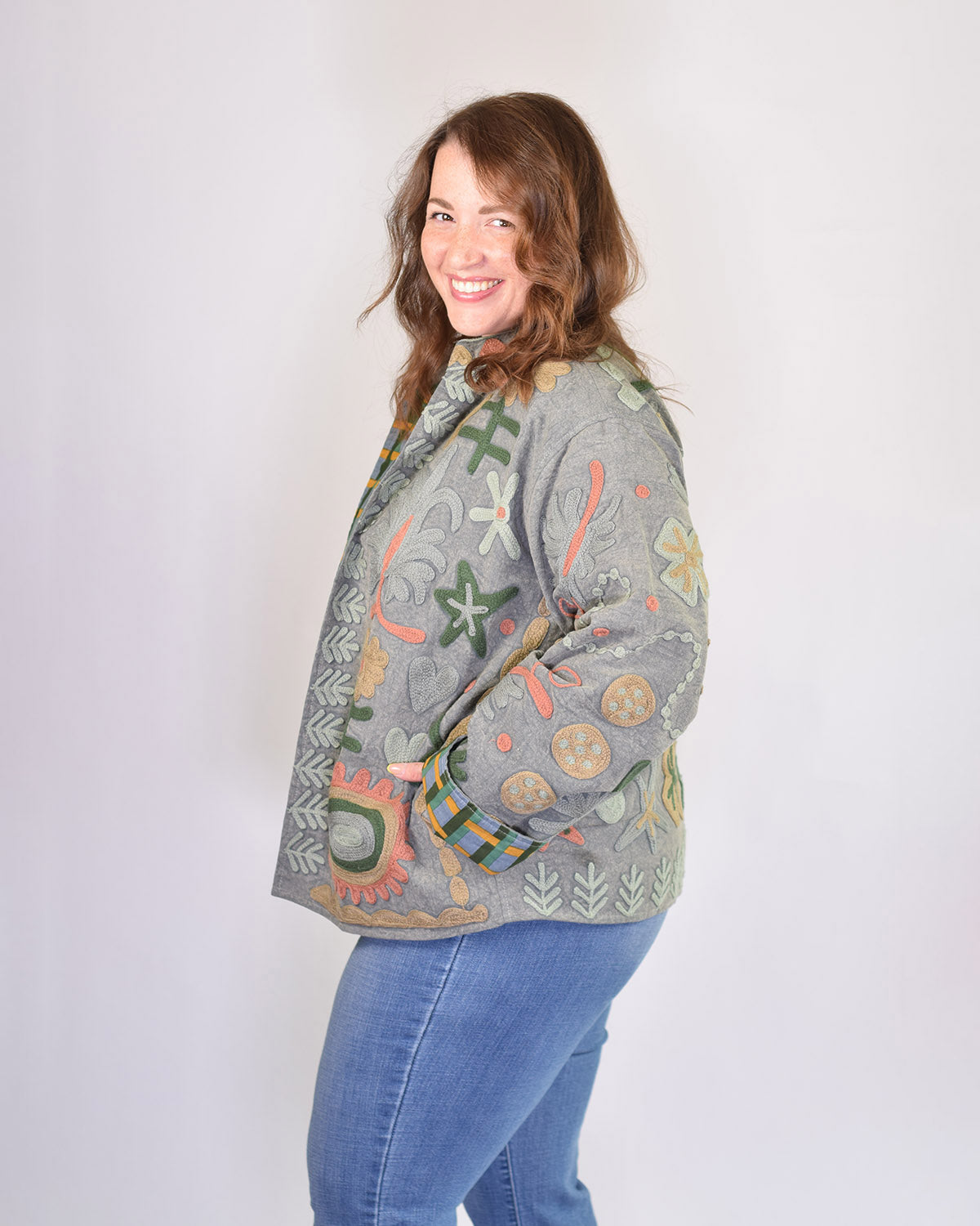 XL - Extended Sized - Suzani Embroidered Canvas Jacket/Cardigan -03