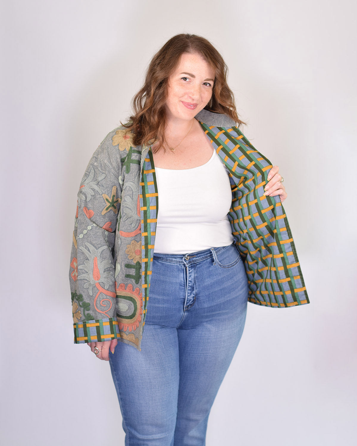 XL - Extended Sized - Suzani Embroidered Canvas Jacket/Cardigan -03