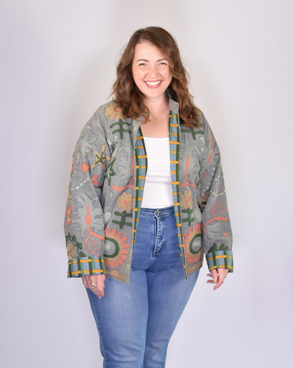 XL - Extended Sized - Suzani Embroidered Canvas Jacket/Cardigan -03