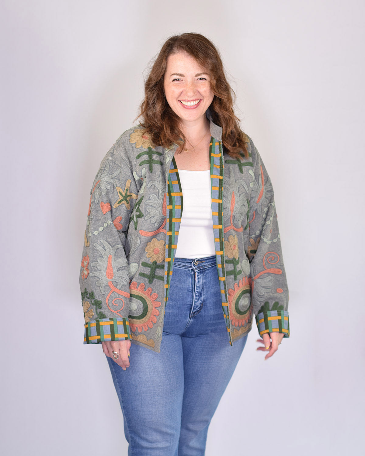XL - Extended Sized - Suzani Embroidered Canvas Jacket/Cardigan -03