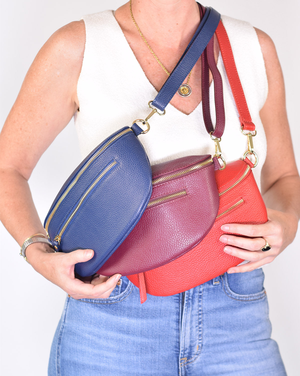 Large Italian Leather Sling / Crossbody Bag - Cherry Red