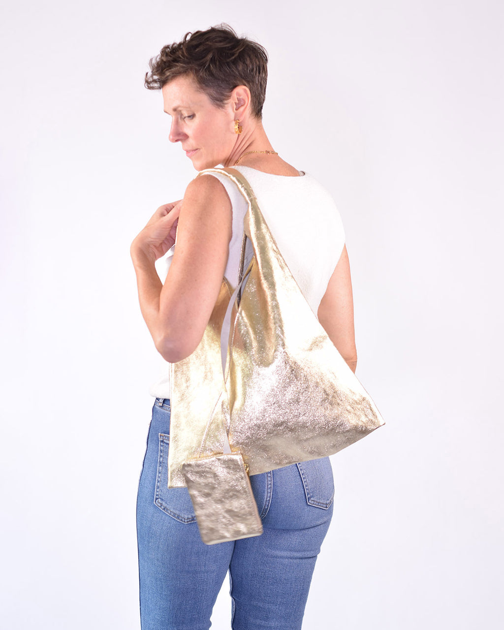 Medium Italian Leather Boho Triangle Tote Bag - Shimmery Gold