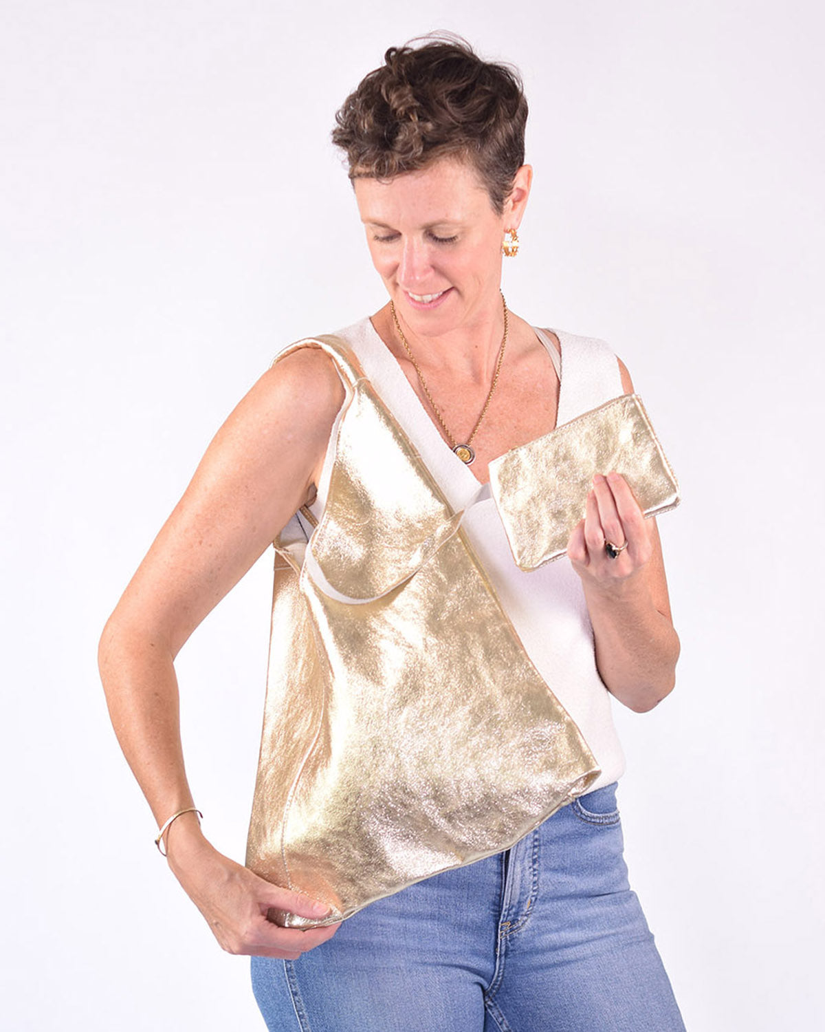 Medium Italian Leather Boho Triangle Tote Bag - Shimmery Gold