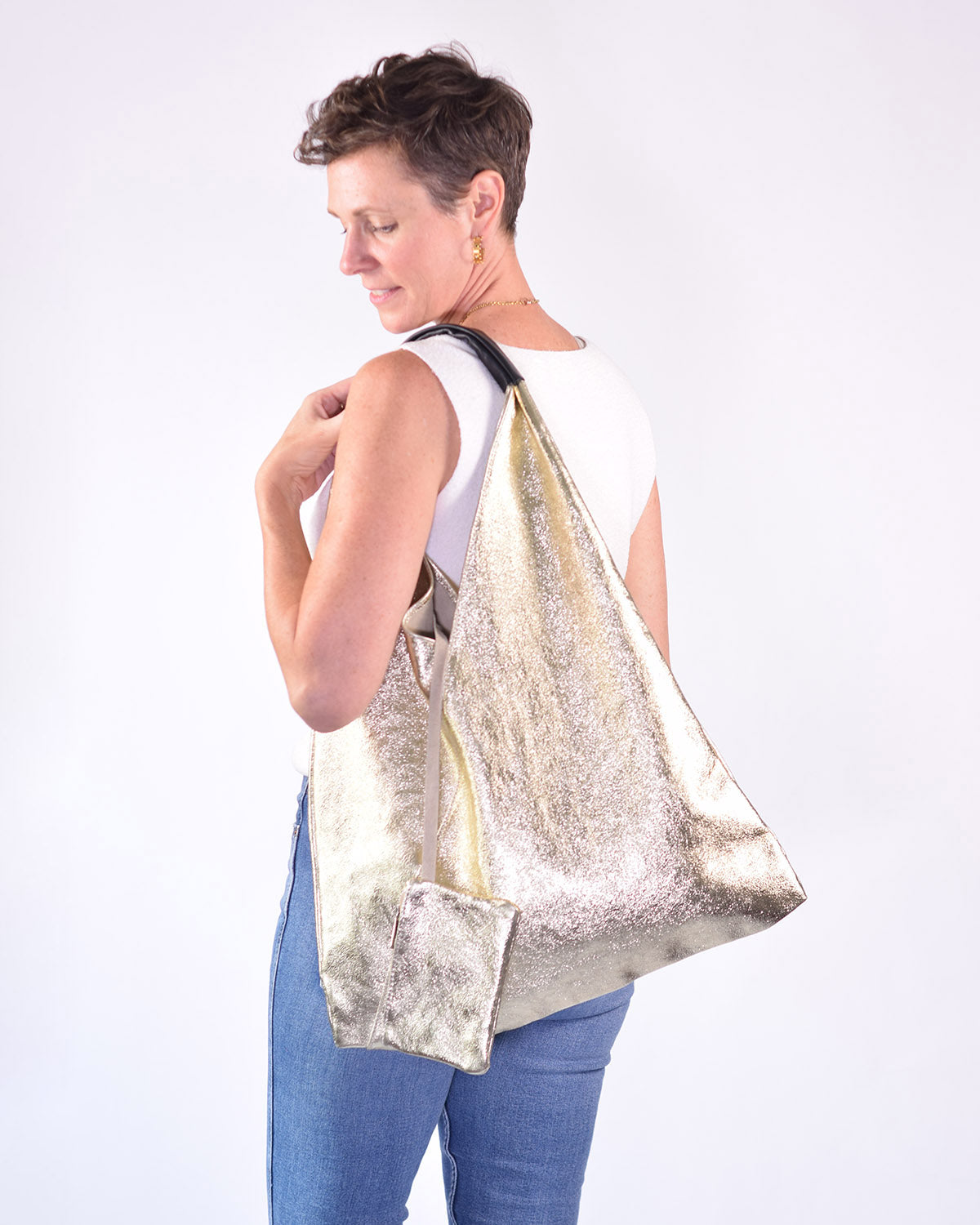 Large Italian Leather Boho Triangle Tote Bag - Shimmery Gold