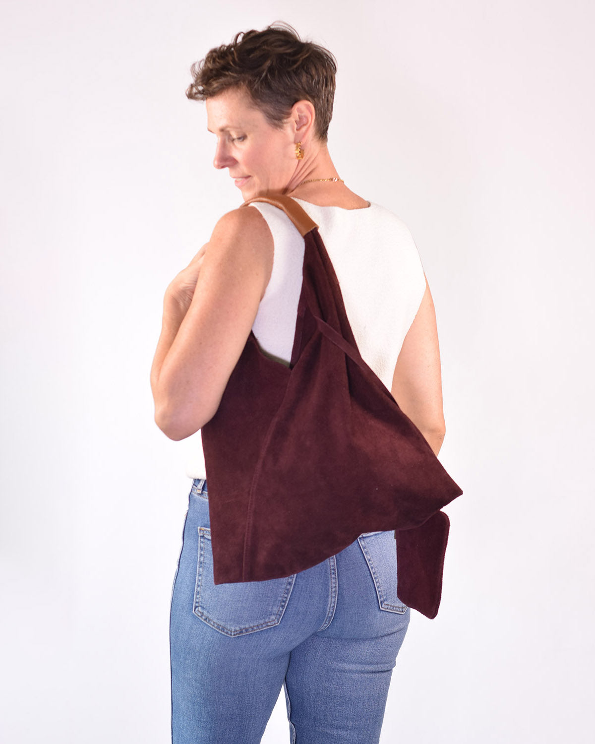 Medium Italian Leather Boho Triangle Tote Bag - Burgundy Suede