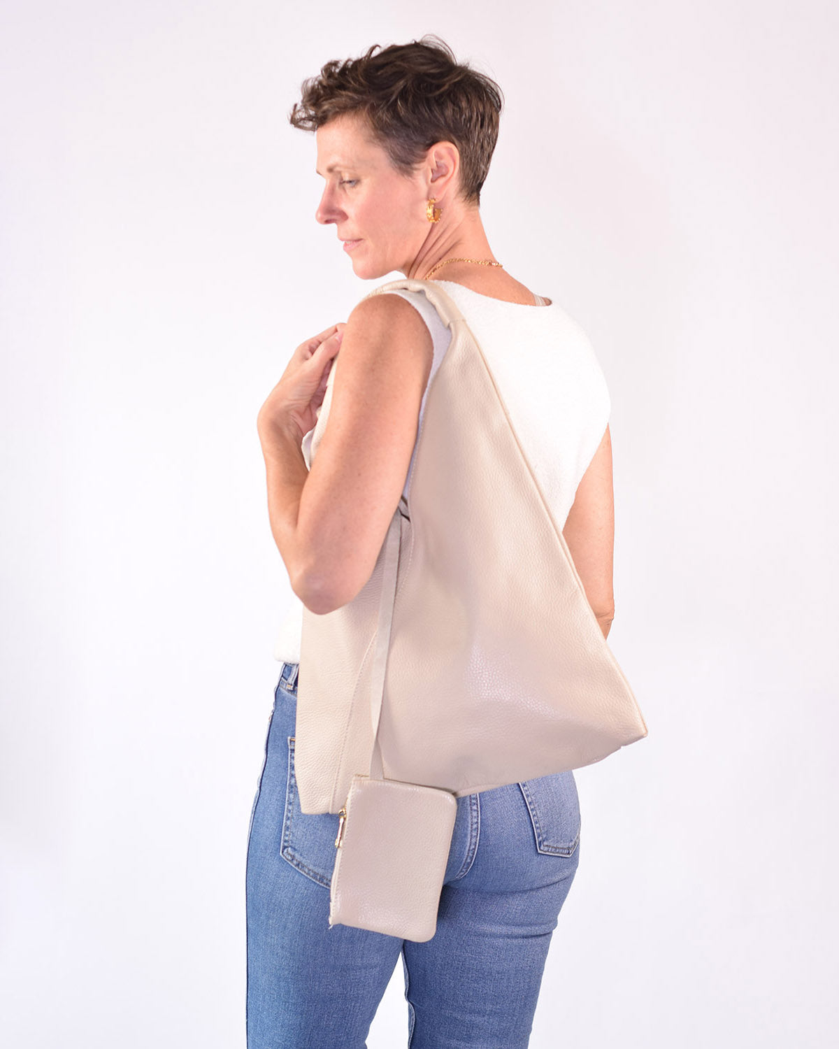 Medium Italian Leather Boho Triangle Tote Bag - Bone