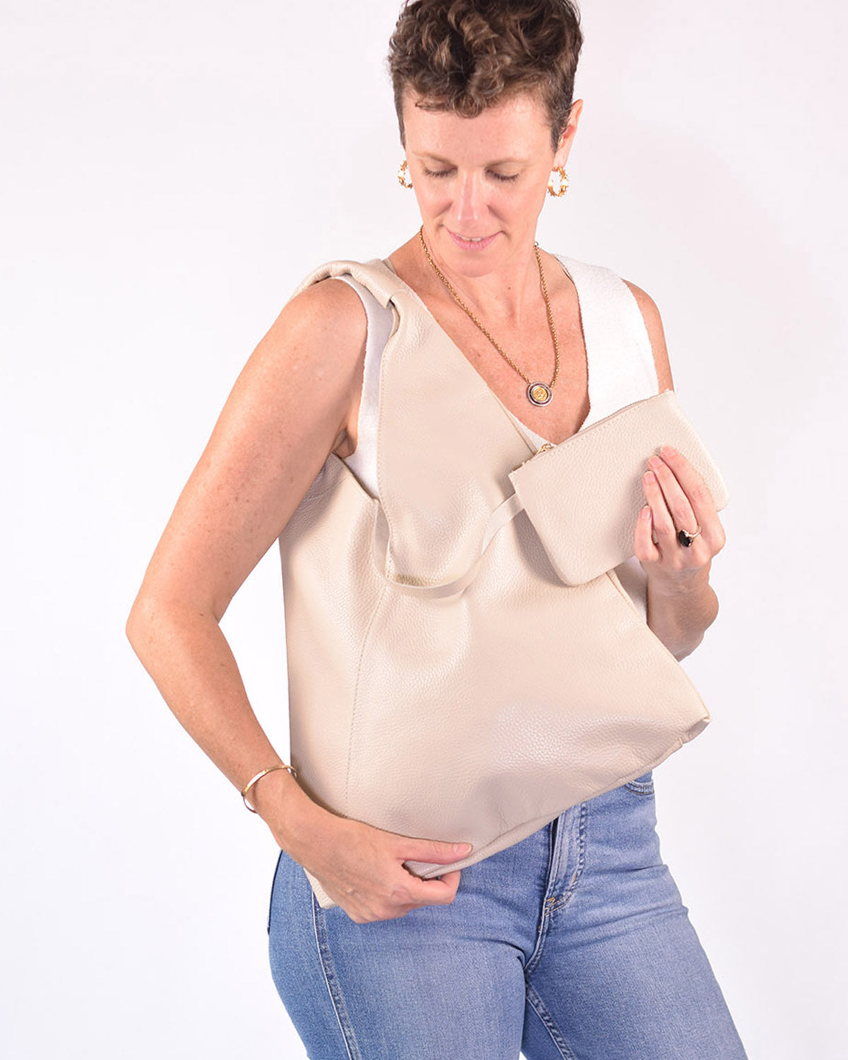 Medium Italian Leather Boho Triangle Tote Bag - Bone