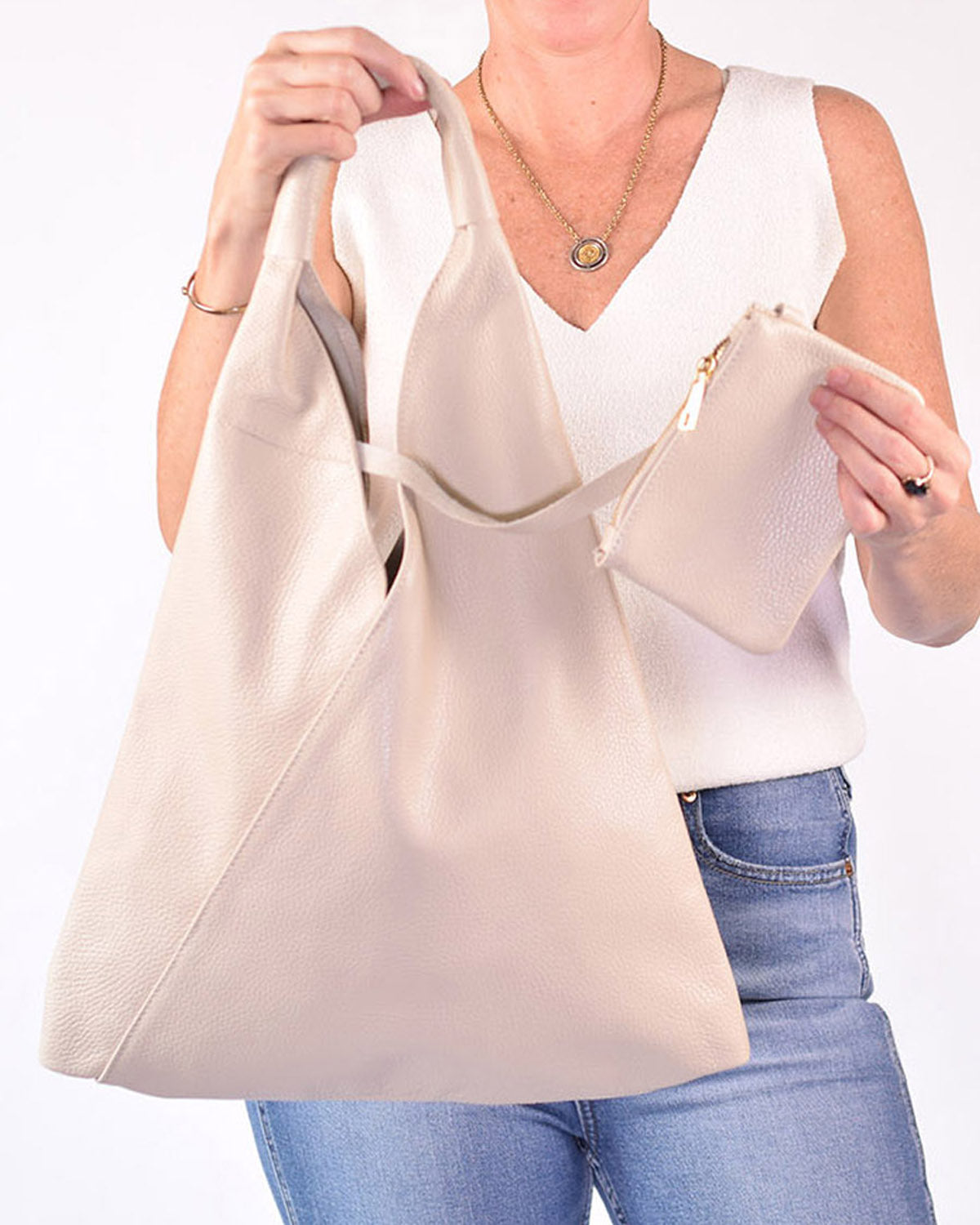 Medium Italian Leather Boho Triangle Tote Bag - Bone