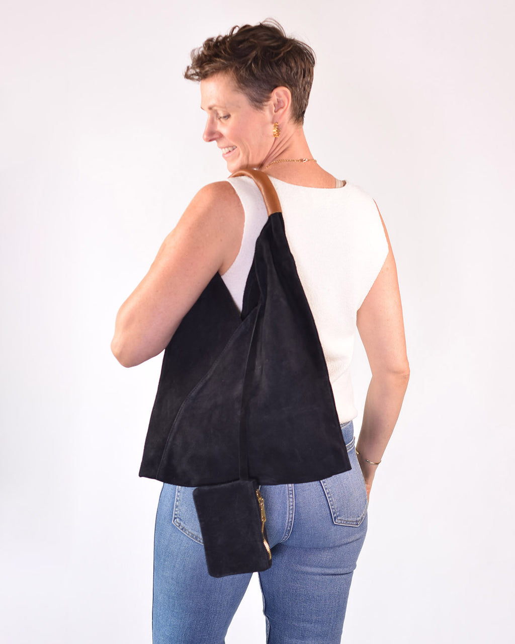 Medium Italian Leather Boho Triangle Tote Bag - Black Suede