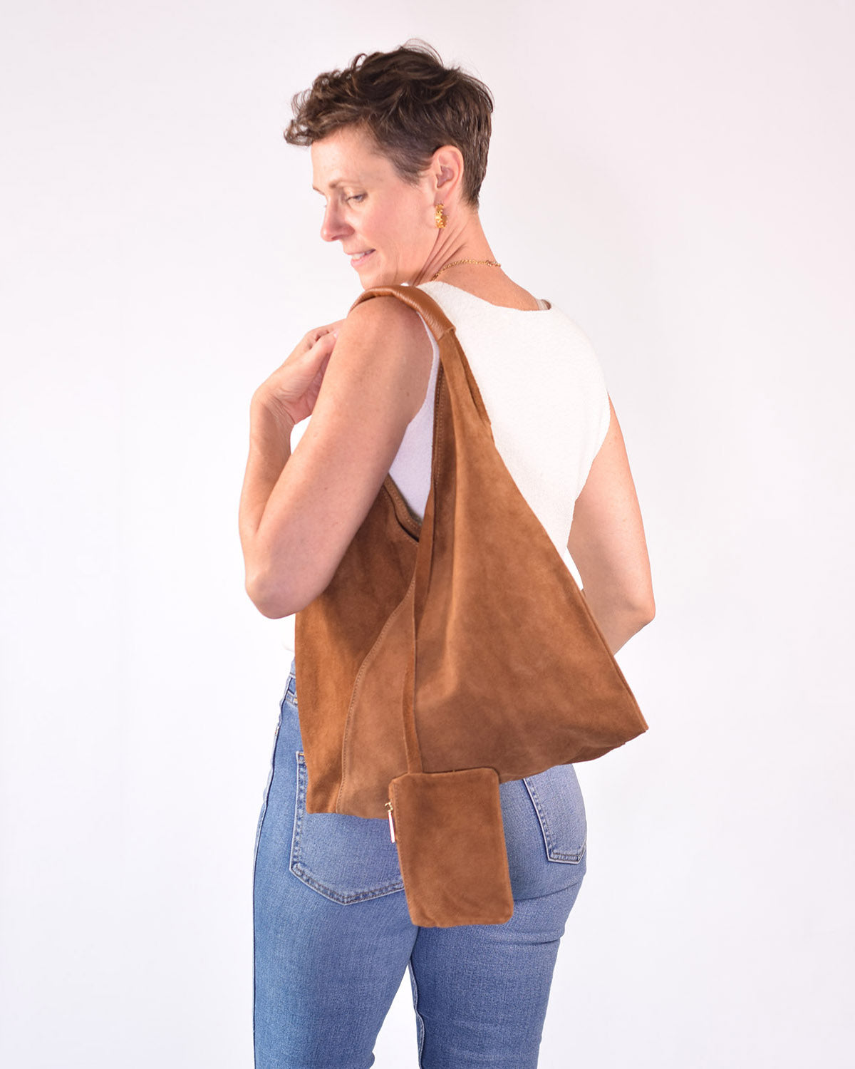Medium Italian Leather Boho Triangle Tote Bag - Brown Suede