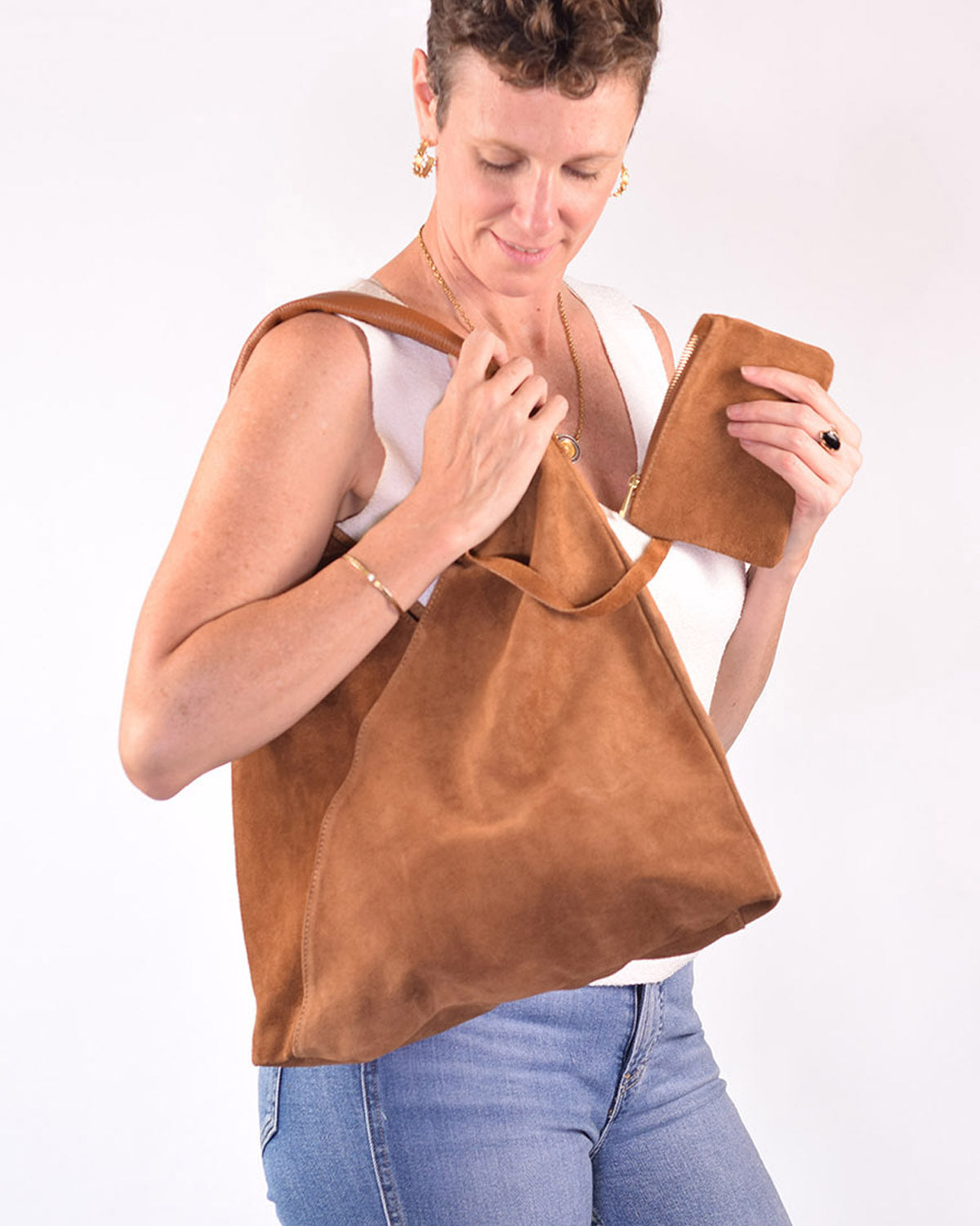 Medium Italian Leather Boho Triangle Tote Bag - Brown Suede