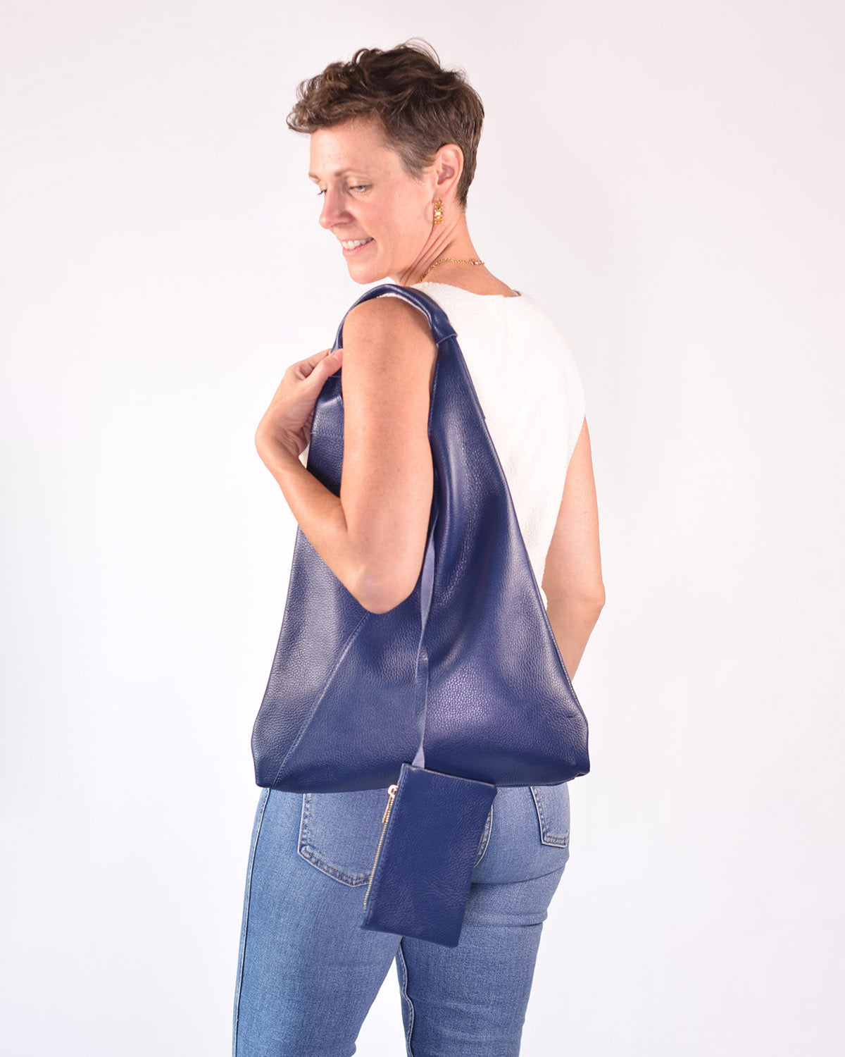 Medium Italian Leather Boho Triangle Tote Bag - Cobalt Blue