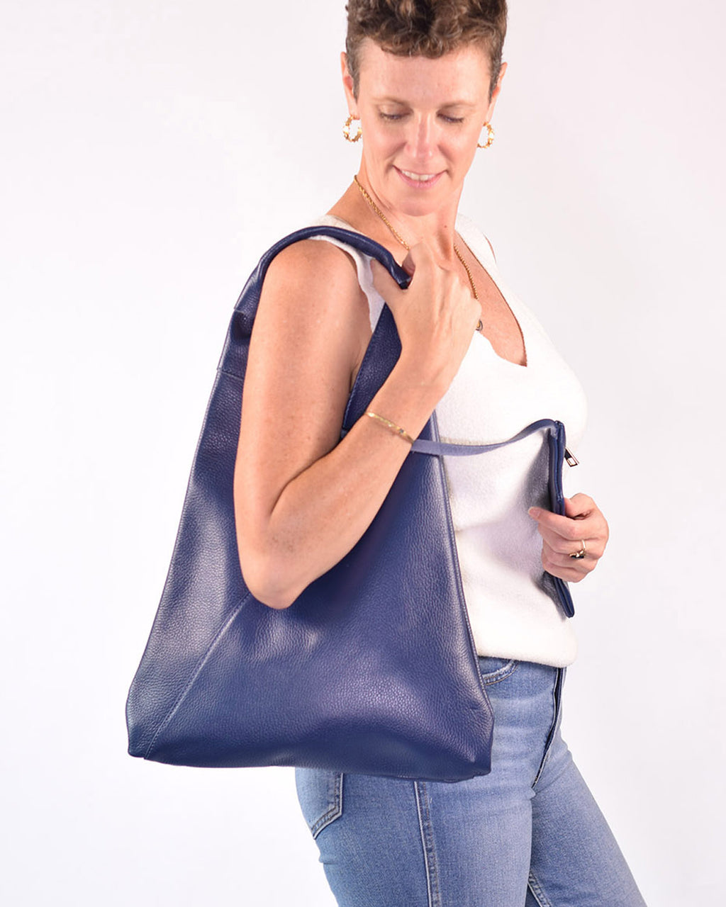 Medium Italian Leather Boho Triangle Tote Bag - Cobalt Blue