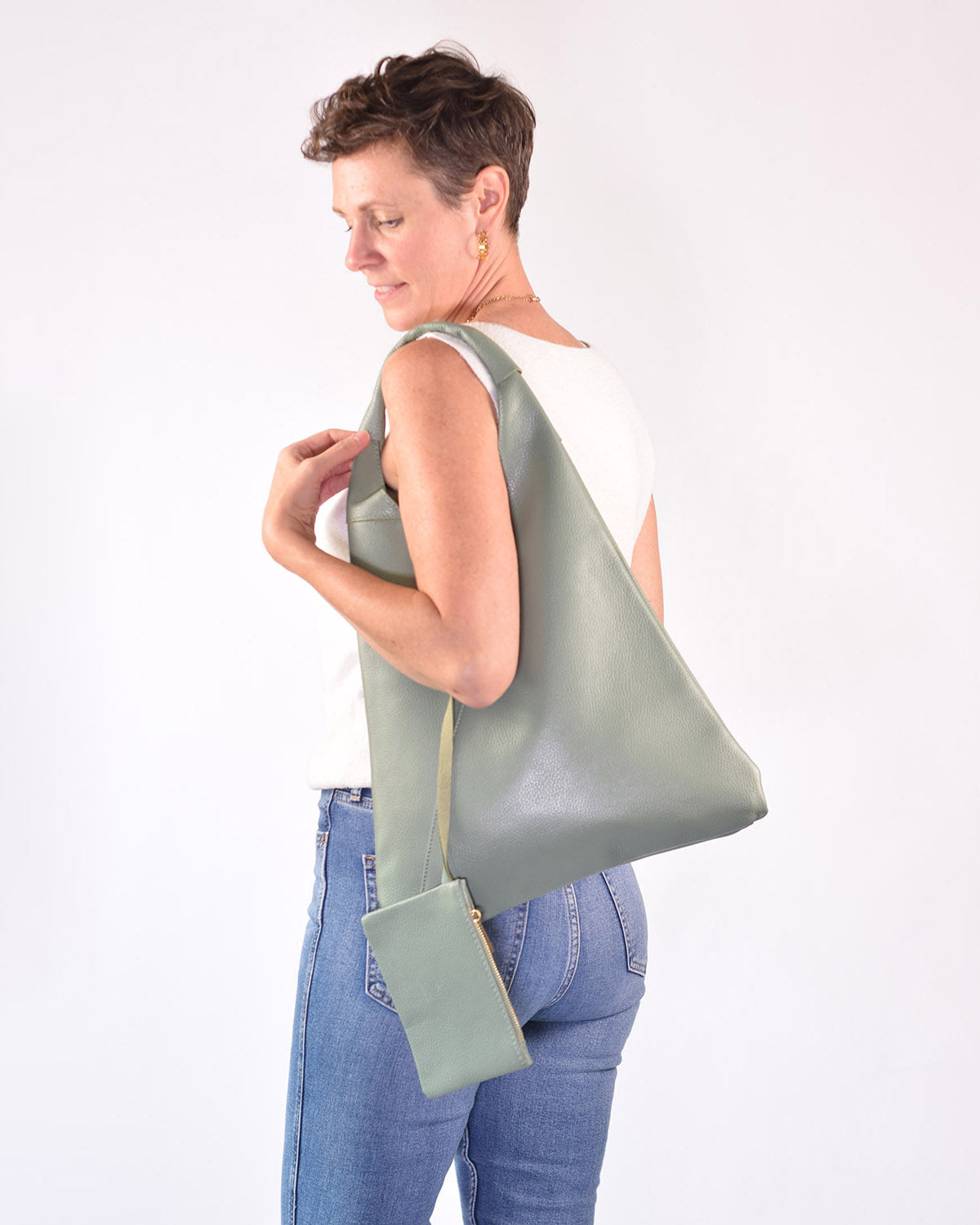 Medium Italian Leather Boho Triangle Tote Bag - Sage