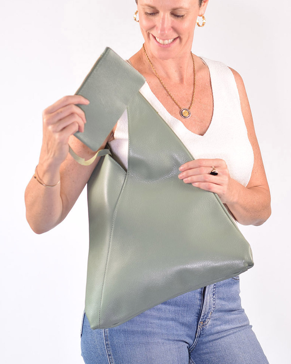 Medium Italian Leather Boho Triangle Tote Bag - Sage